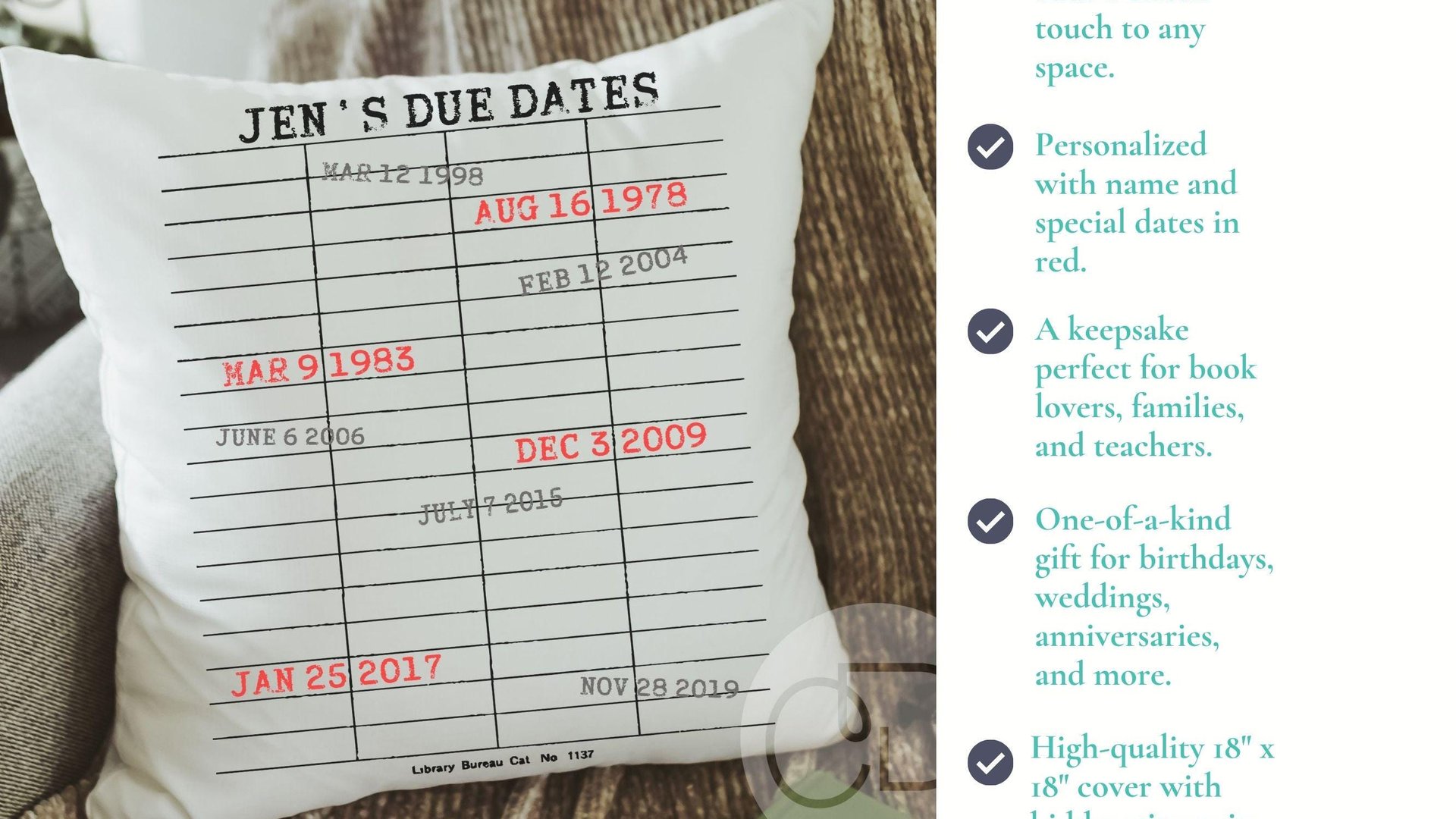 personalized library due date throw pillows for couch, custom book lover gift for women, bookish Christmas gifts for grandma, special dates