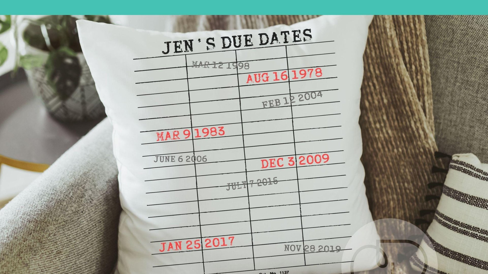 personalized library due date throw pillows for couch, custom book lover gift for women, bookish Christmas gifts for grandma, special dates