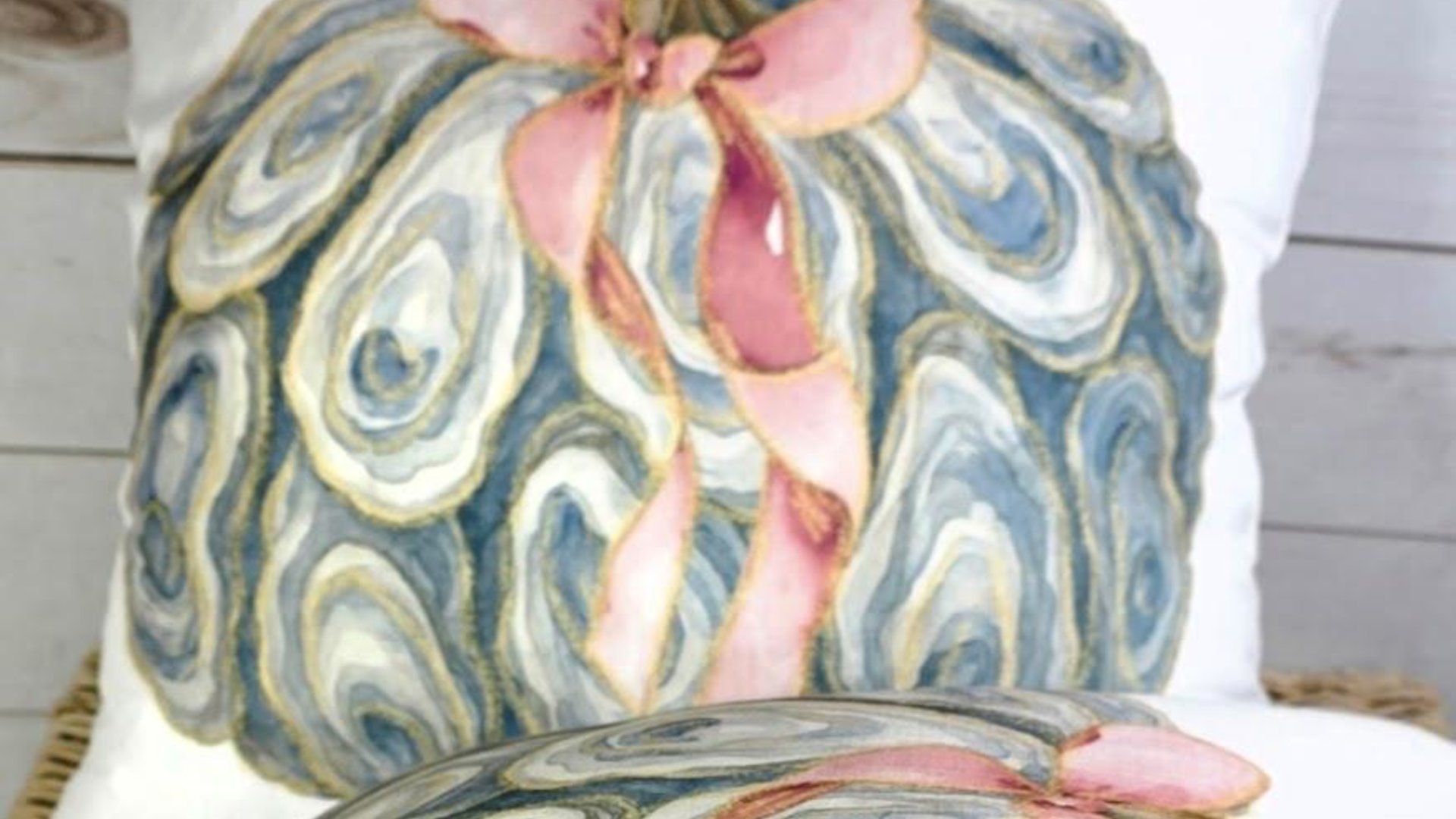 oyster shell pumpkin decorative pillows for breakfast nook, nautical pumpkins autumn kitchen towels, Thanksgiving hosting gift, fall coastal