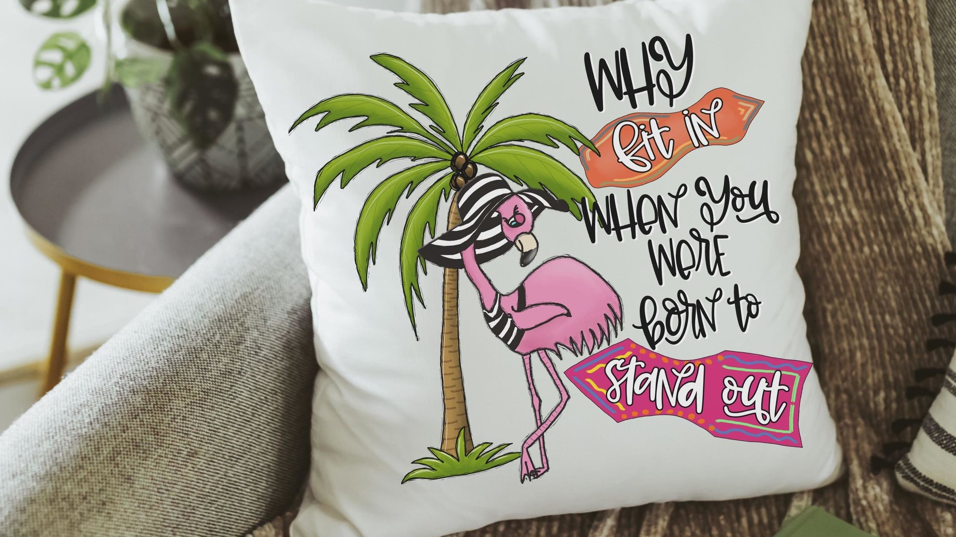 born to stand out cute flamingo throw pillows for couch pink flamingo gifts for women, coastal decor for home, beach Christmas gifts for