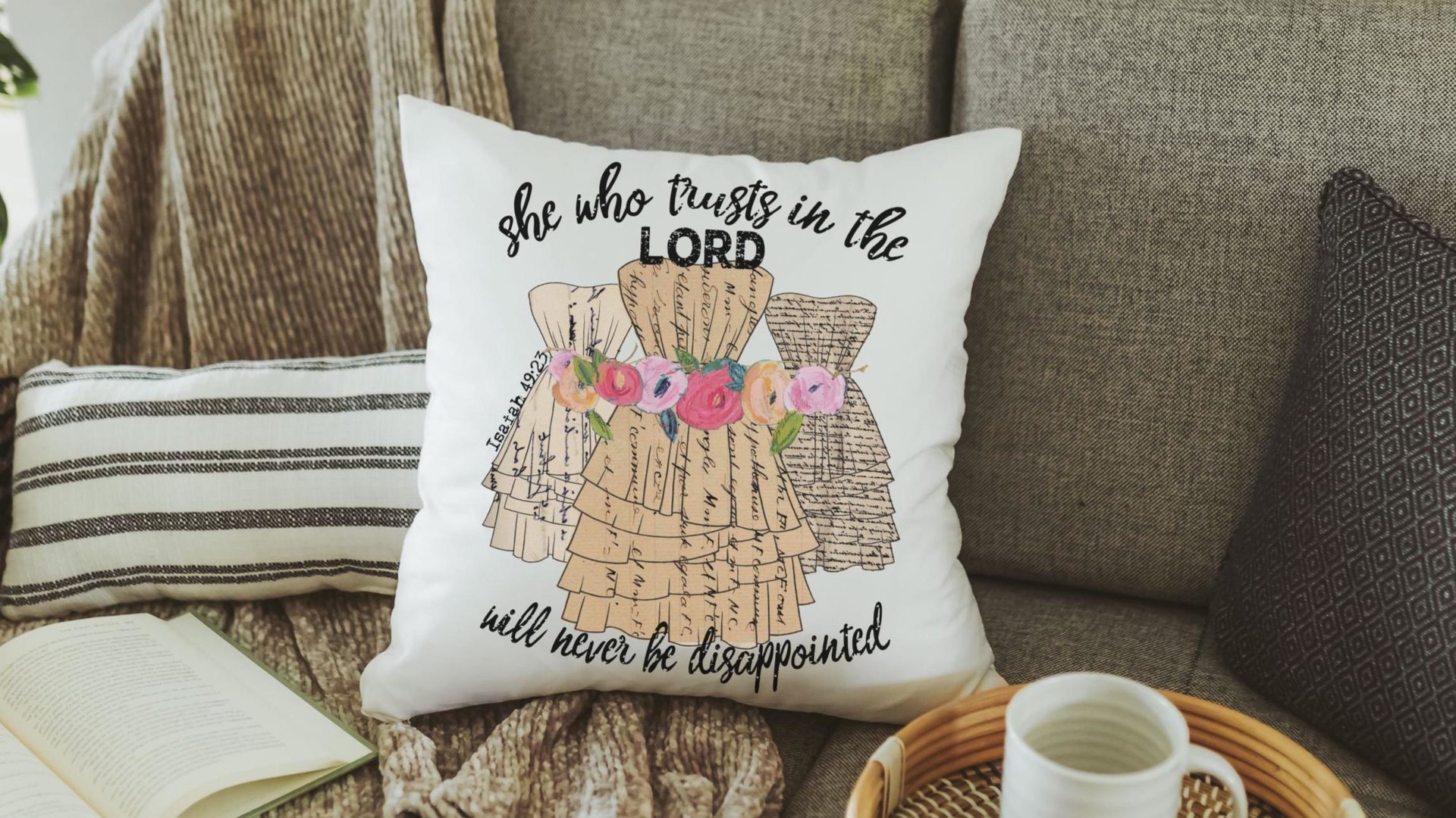 Isaiah 49 Bible verse throw pillow for dorm, Christian gifts for women faith gifts for her, scripture decor, floral throw pillow cover 18x18