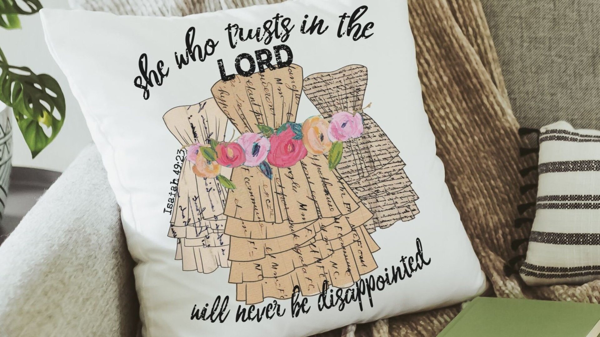 Isaiah 49 Bible verse throw pillow for dorm, Christian gifts for women faith gifts for her, scripture decor, floral throw pillow cover 18x18