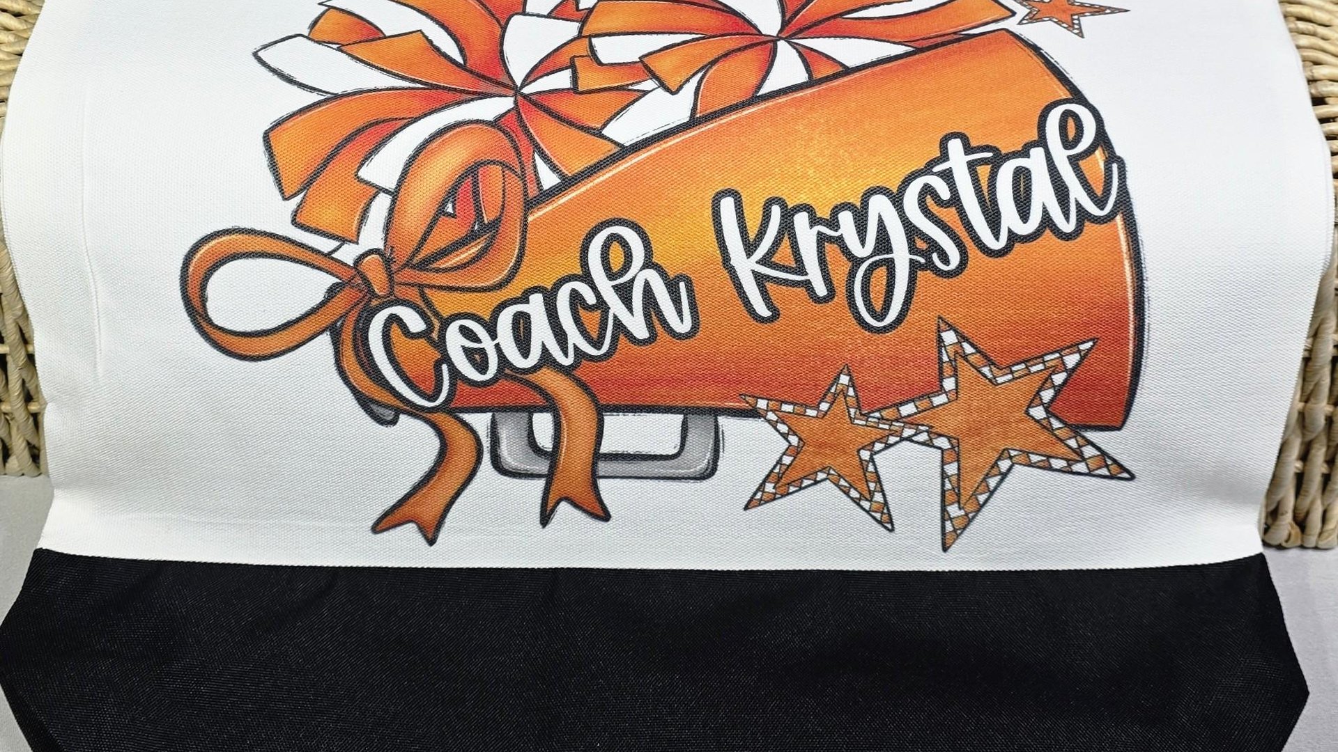 personalized cheerleader tote bag with name, orange school spirit cheer squad accessories, travel cheer bag for girls, cheerleader gifts