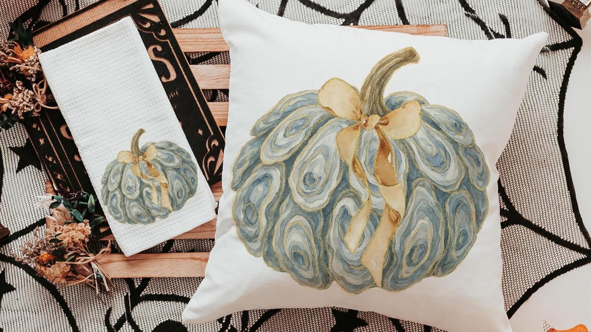 oyster shell pumpkin accent pillows for chair, Thanksgiving hosting gift, nautical pumpkins autumn kitchen hand towels, fall coastal kitchen