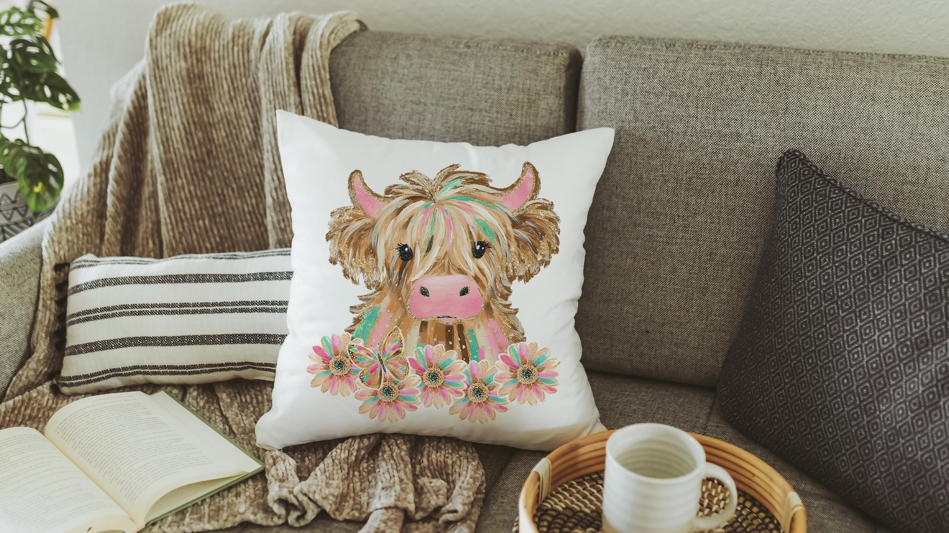 highland cow throw pillows for couch pink cow decor for bedroom, cute cow Christmas gifts for little girls, shaggy cow nursery decor girl