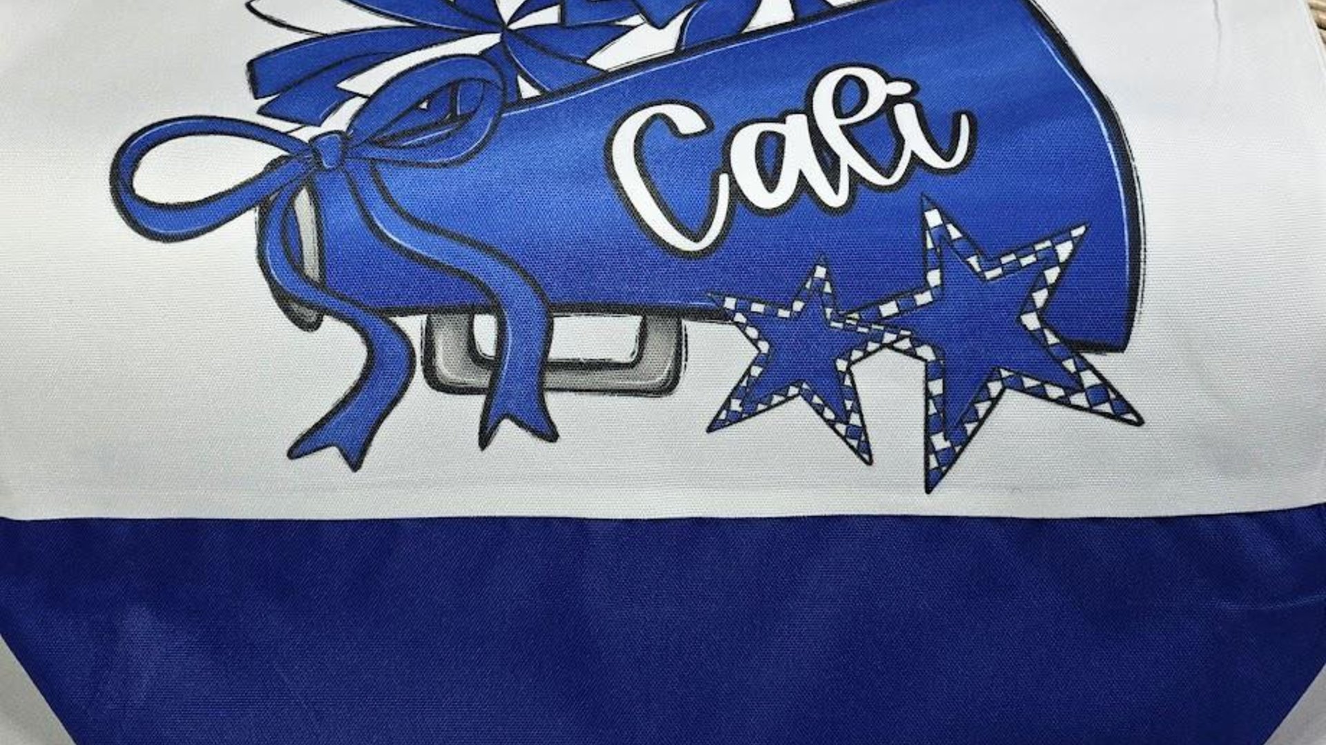 personalized cheerleader tote bag with name, orange school spirit cheer squad accessories, travel cheer bag for girls, cheerleader gifts