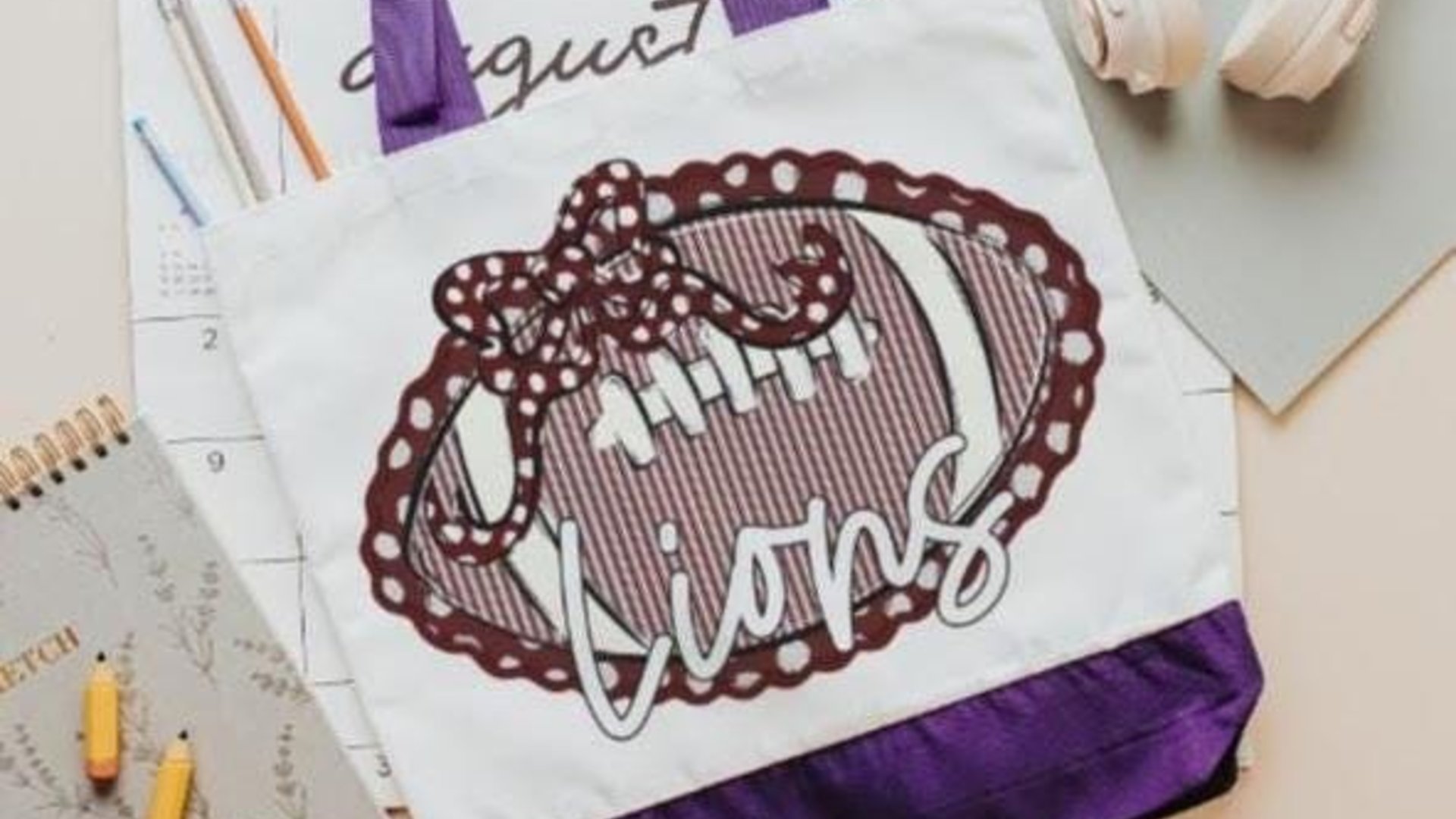 personalized seersucker football tote bag for school, maroon school spirit bag with name, senior gifts for cheerleaders, football cheer mom