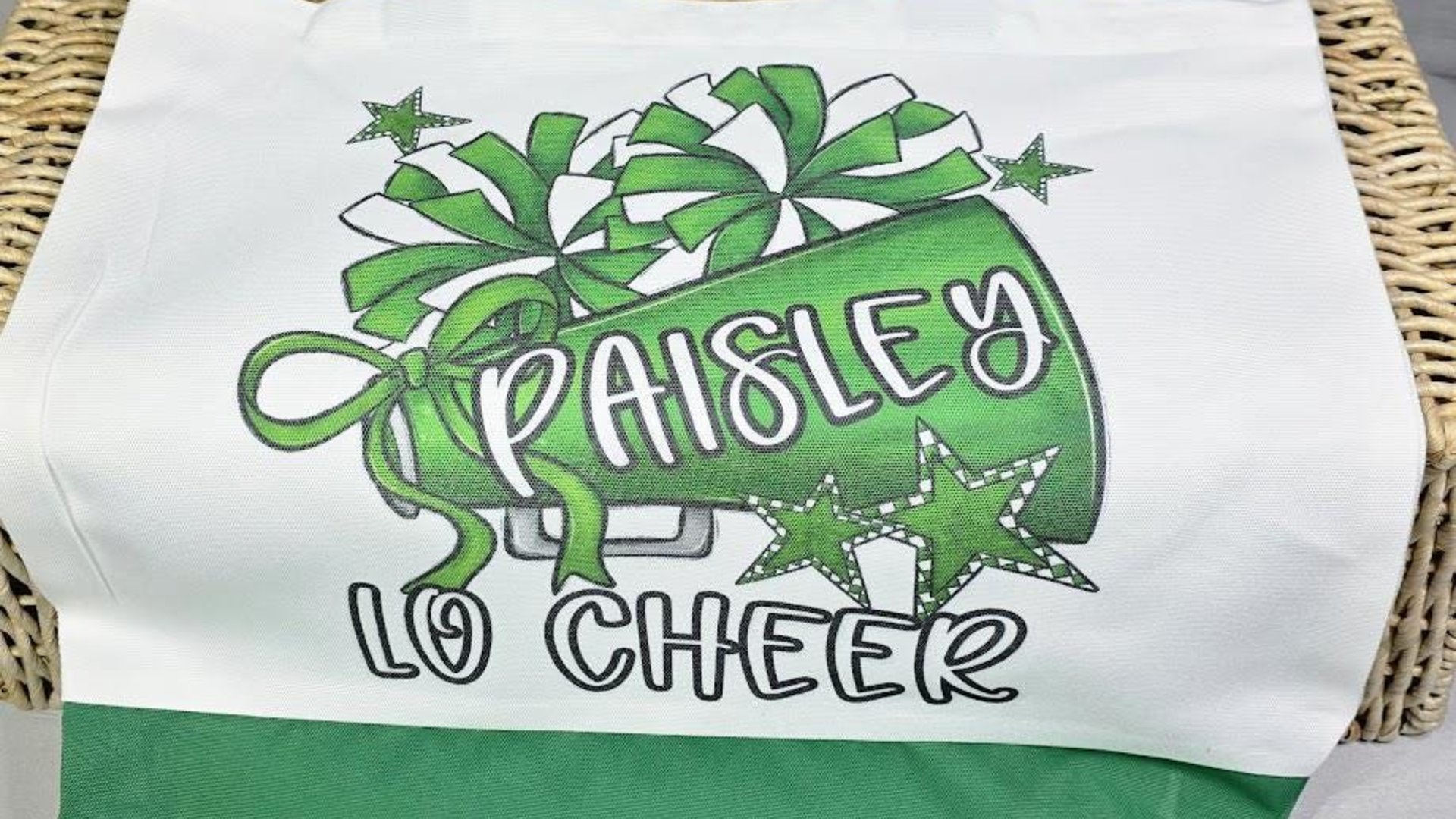 personalized cheerleading tote bag with name, green school spirit gear, stocking stuffers for teenage girls Christmas gifts for cheerleaders