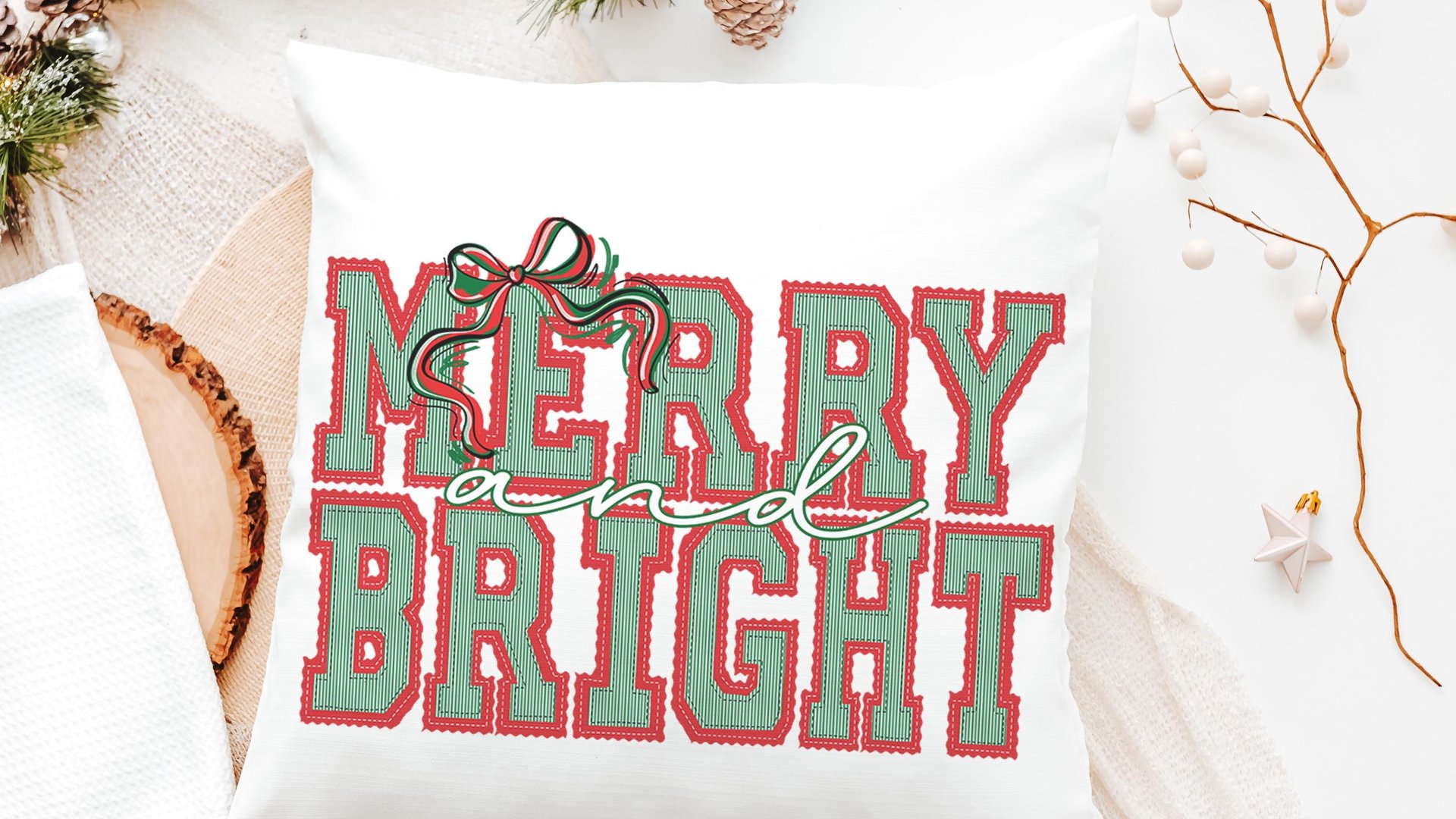 merry and bright preppy Christmas throw pillows for couch red and green seersucker Christmas decor, holiday hosting decor home decor gift