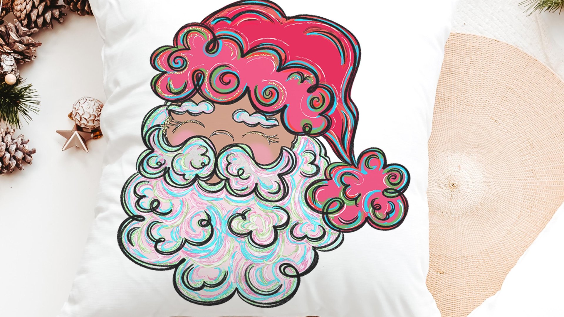 colorful Santa throw pillows for kids playroom, holiday hosting decor home decor gift, fun Christmas decorative pillows for couch, whimsical