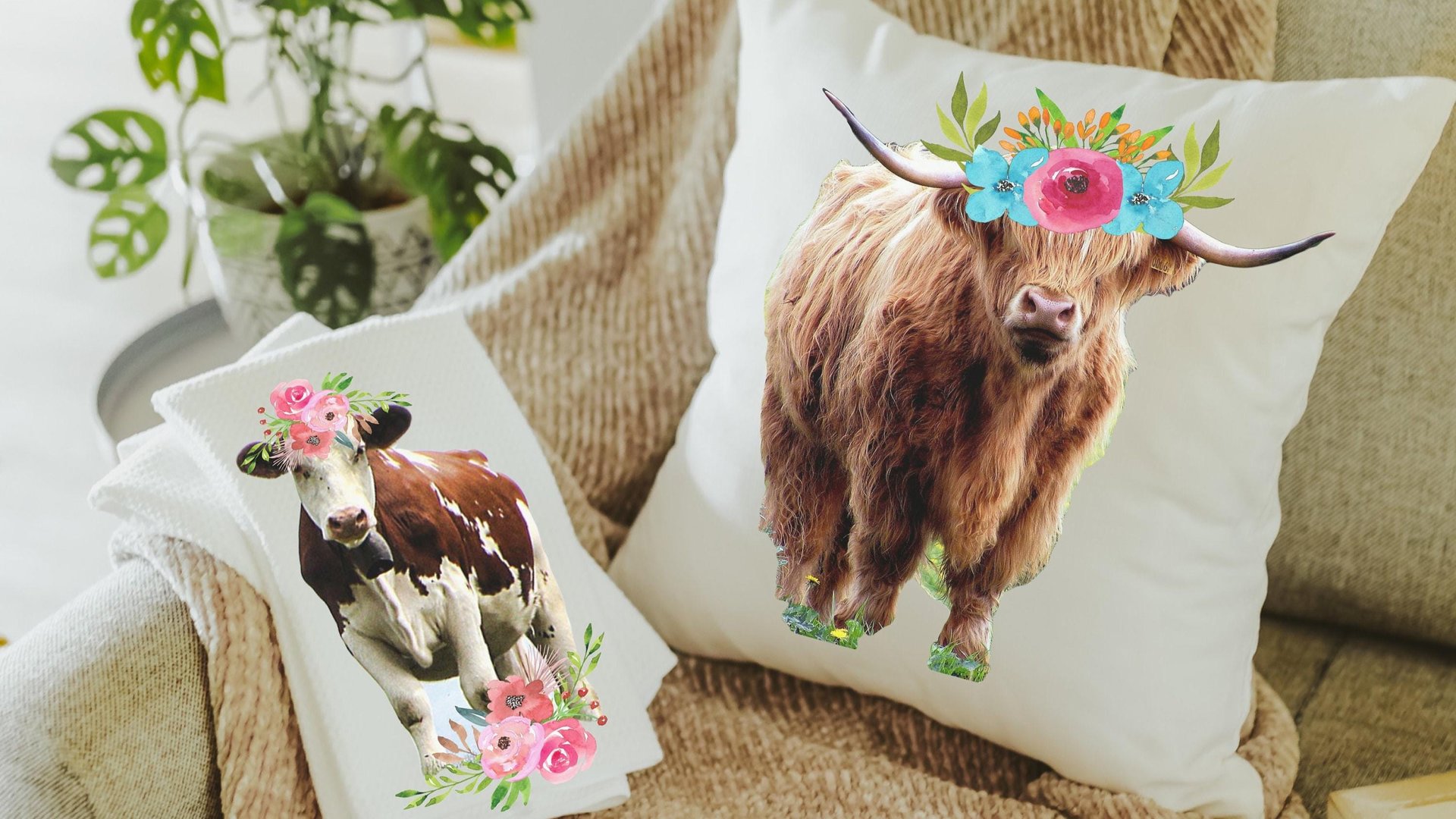 boho cow kitchen towels for mom, floral cow hand towels for bathroom, highland cow kitchen decor, cute cow gifts for cow lovers, first home