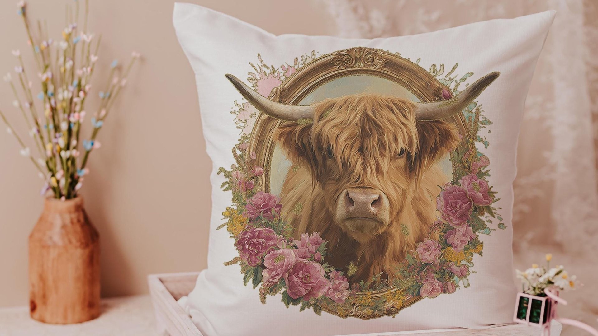 highland cow throw pillows for couch floral decorative pillows for nursery, secret Santa gifts for her, cute cow gifts for cow lovers, best