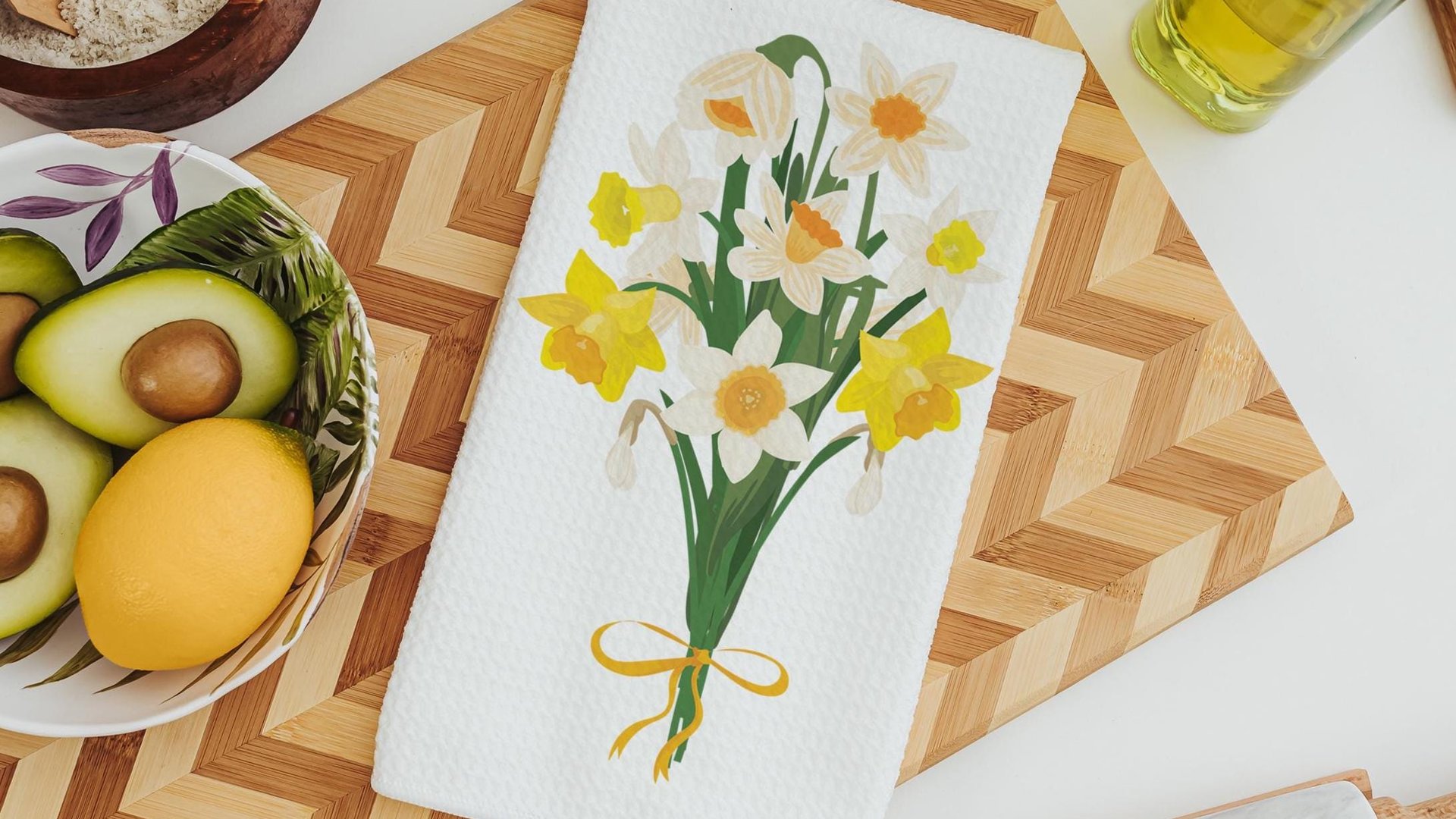 daffodil flower throw pillow for sofa, March birth flower gift for Mom, narcissus flower kitchen towels, March birthday gifts for women