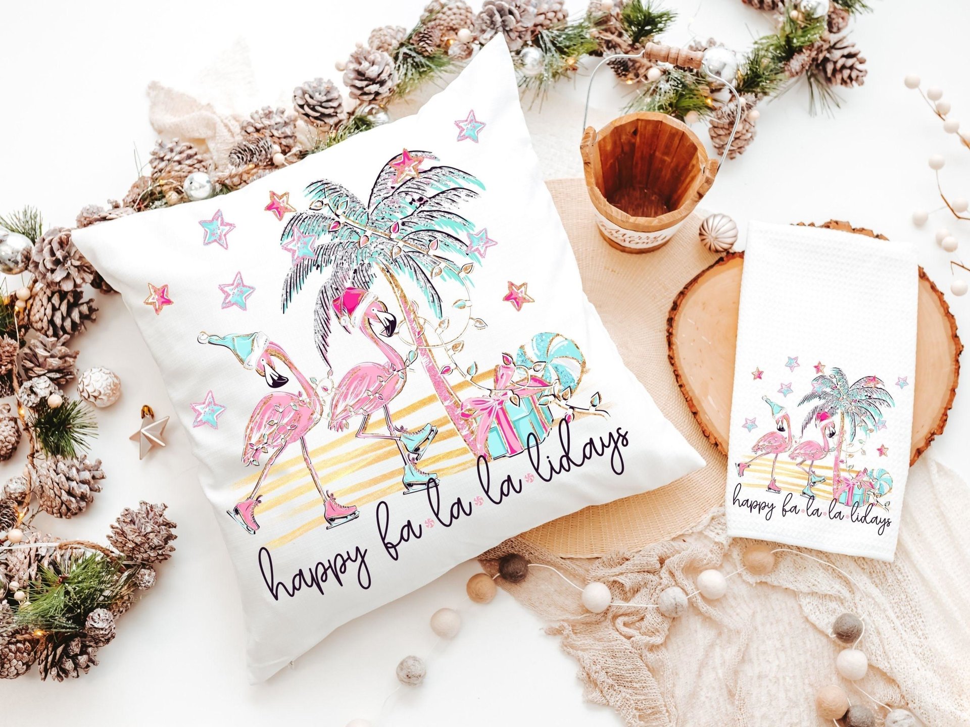 flamingo Christmas fa la la Christmas throw pillows for women, coastal Christmas gifts for beach lovers, beach Christmas decor for home