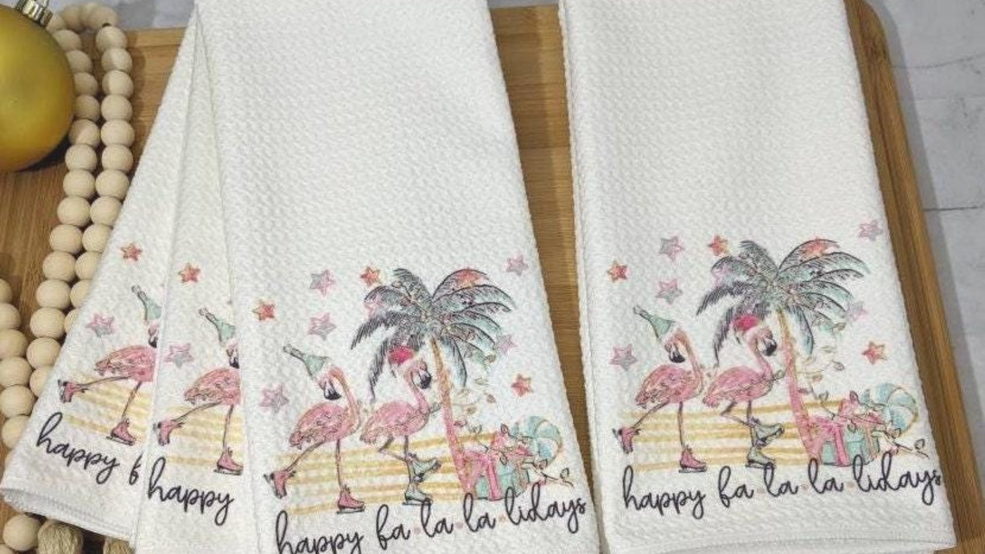 fa la la Christmas kitchen towel holiday kitchen tea towels for Christmas, flamingo Christmas hand towels beach Christmas gifts for neighbor