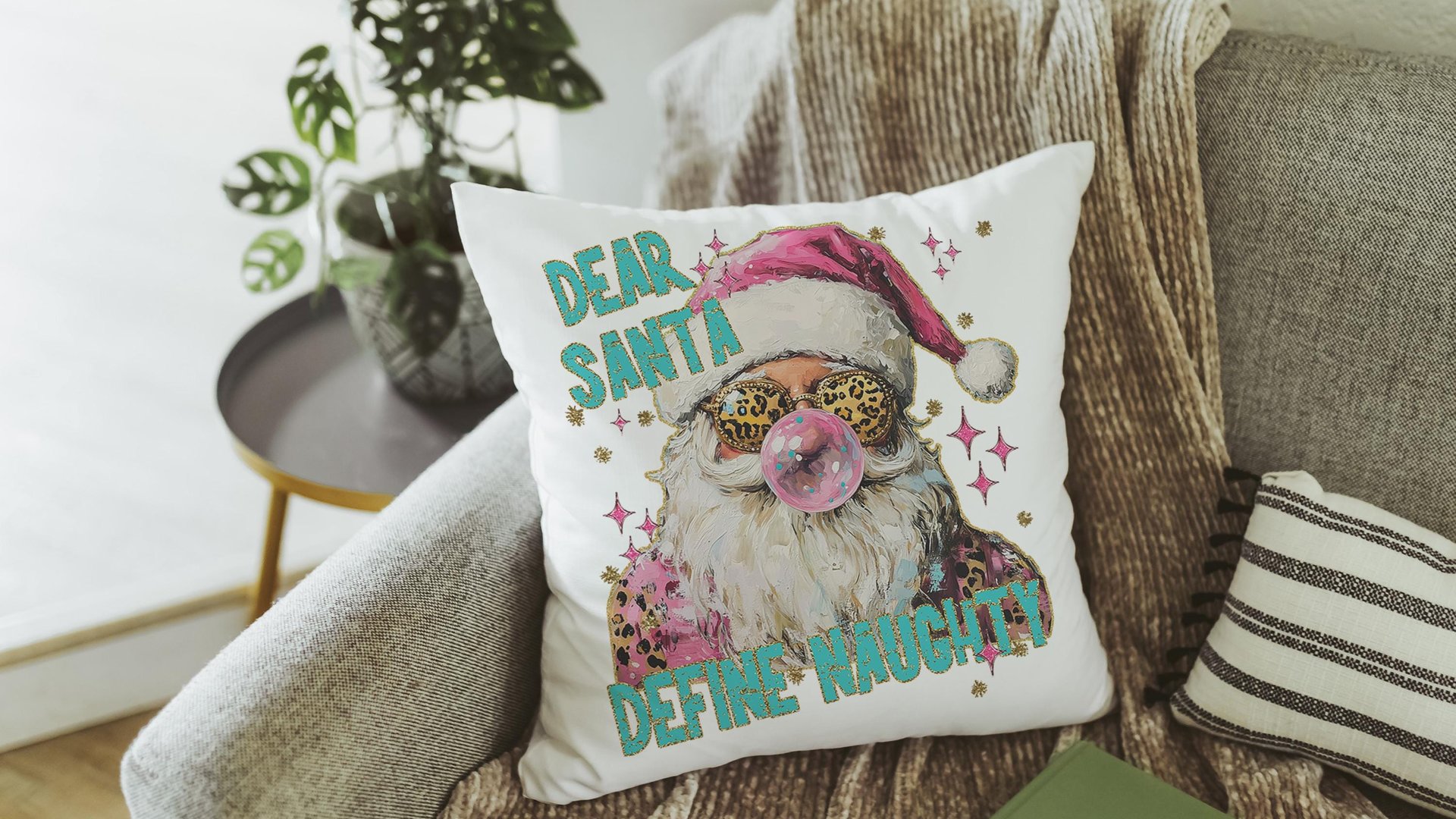 dear Santa define good define naughty pink Christmas throw pillows for couch, leopard print pillow Christmas gifts for new home, Santa Claus