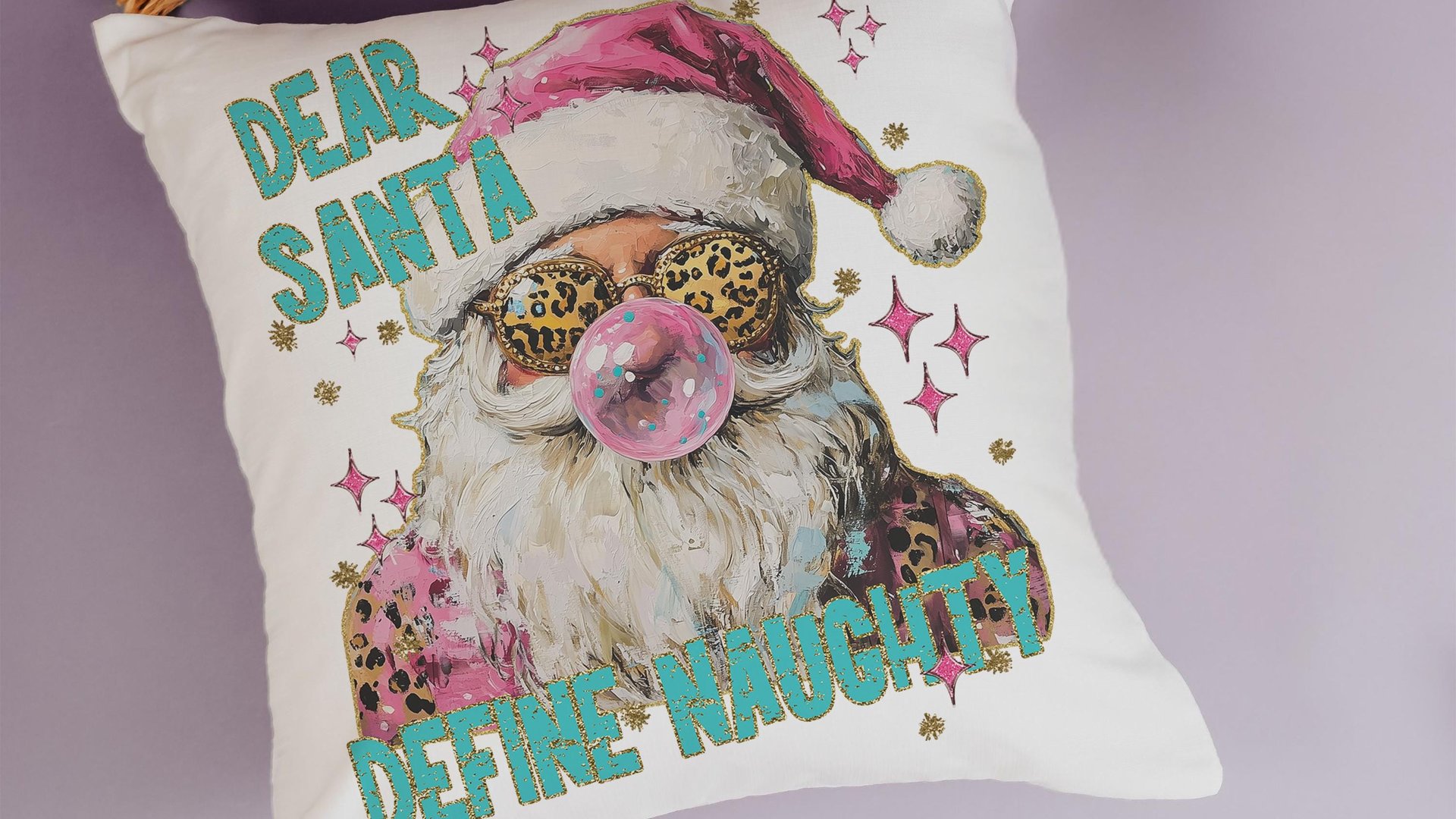 dear Santa define good define naughty pink Christmas throw pillows for couch, leopard print pillow Christmas gifts for new home, Santa Claus