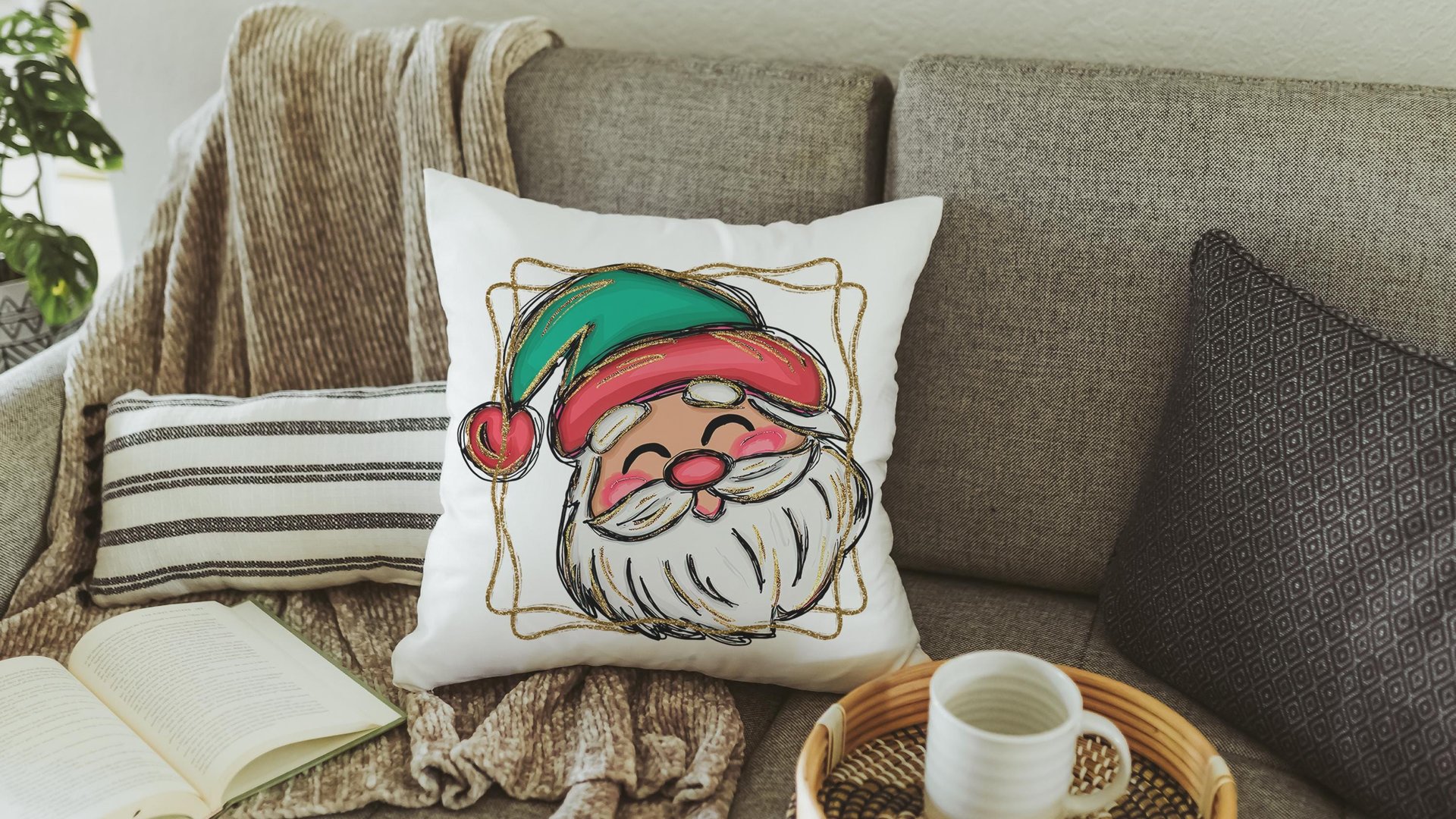 cute Santa face throw pillows for kids playroom, Santa Claus Christmas pillow cover 18x18, home decor gift for Christmas gifts for neighbors