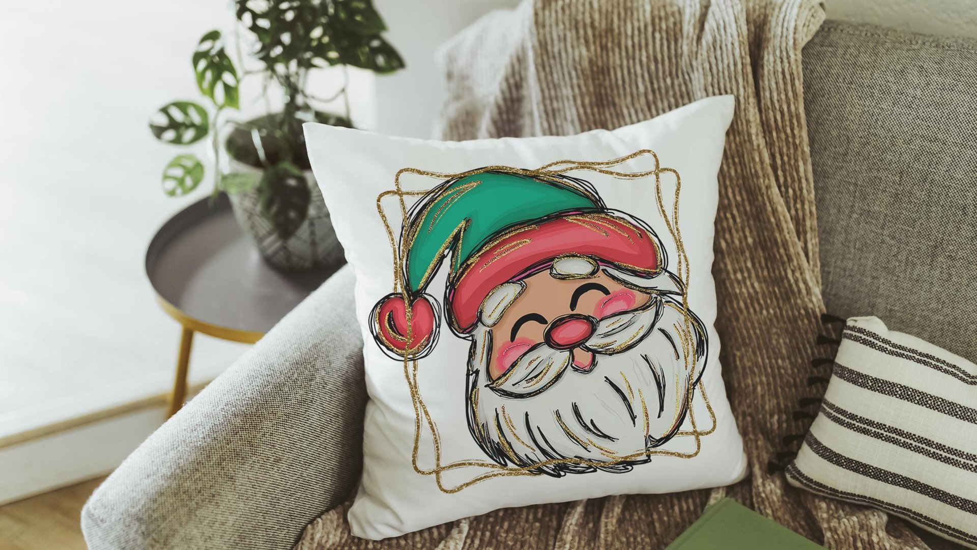 cute Santa face throw pillows for kids playroom, Santa Claus Christmas pillow cover 18x18, home decor gift for Christmas gifts for neighbors