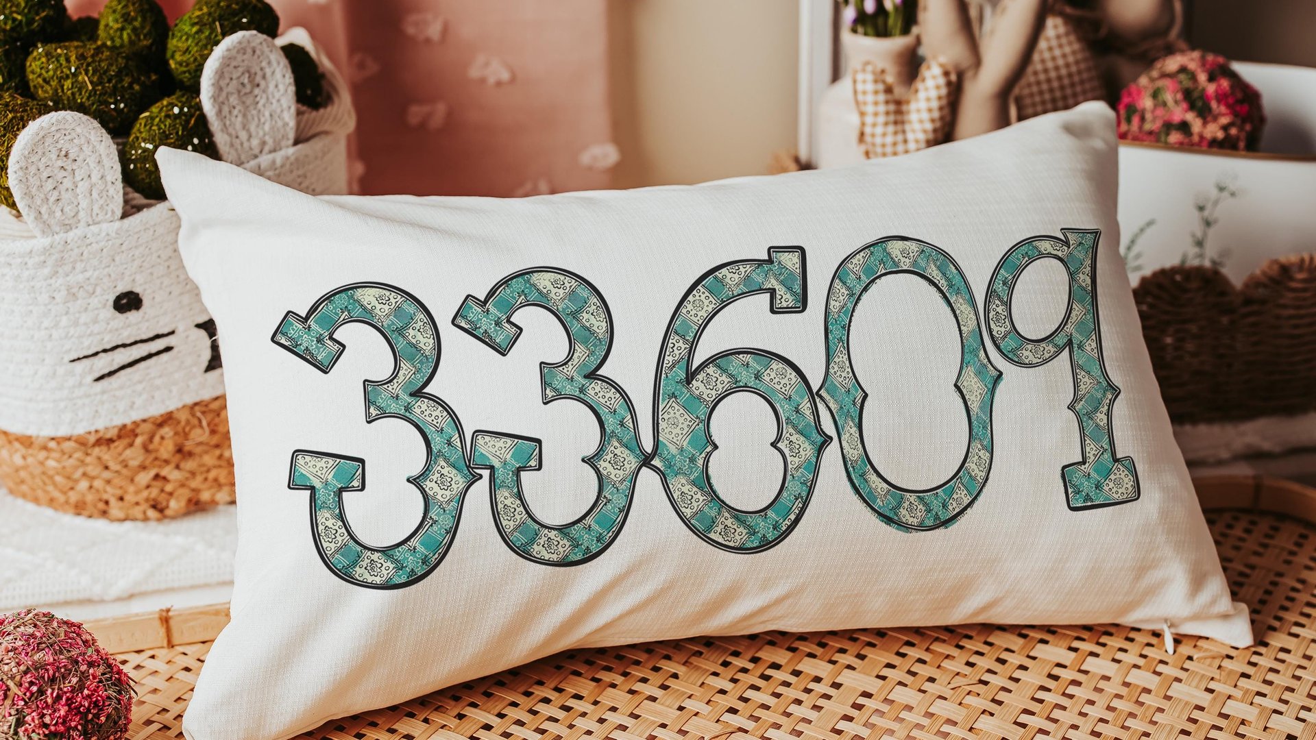 custom zip code pillow for couch, real estate agent gift, turquoise bandana print long pillow covers 12 x 20, country girl gifts, realtor