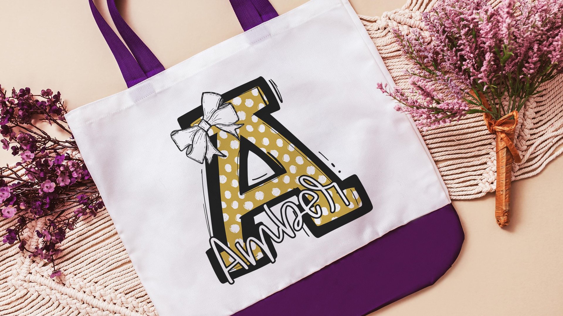 personalized gold coquette initial tote bag with name, school spirit gear, cheer tote bag for girls, college student gift, cheerleader gifts