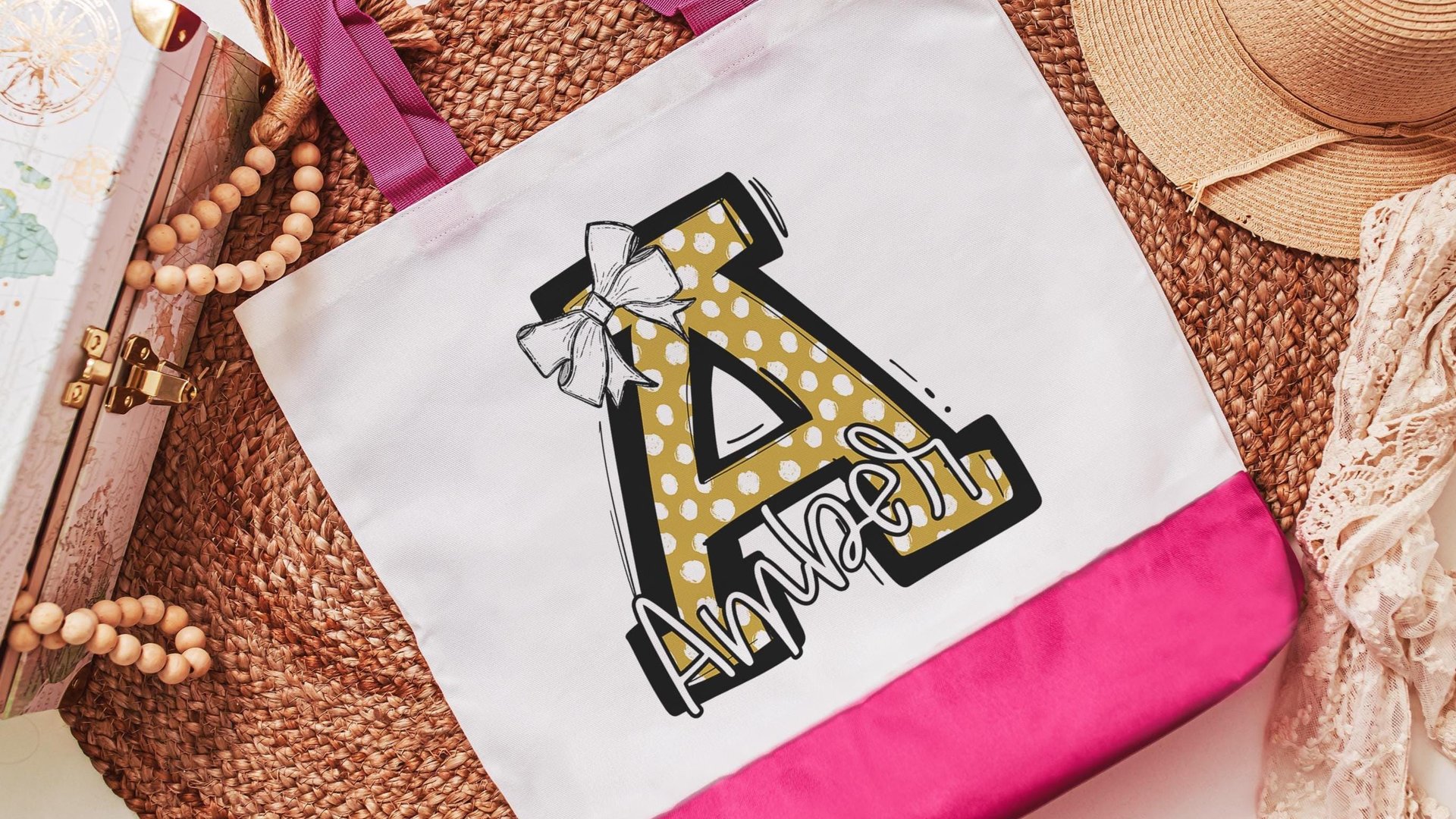 personalized gold coquette initial tote bag with name, school spirit gear, cheer tote bag for girls, college student gift, cheerleader gifts