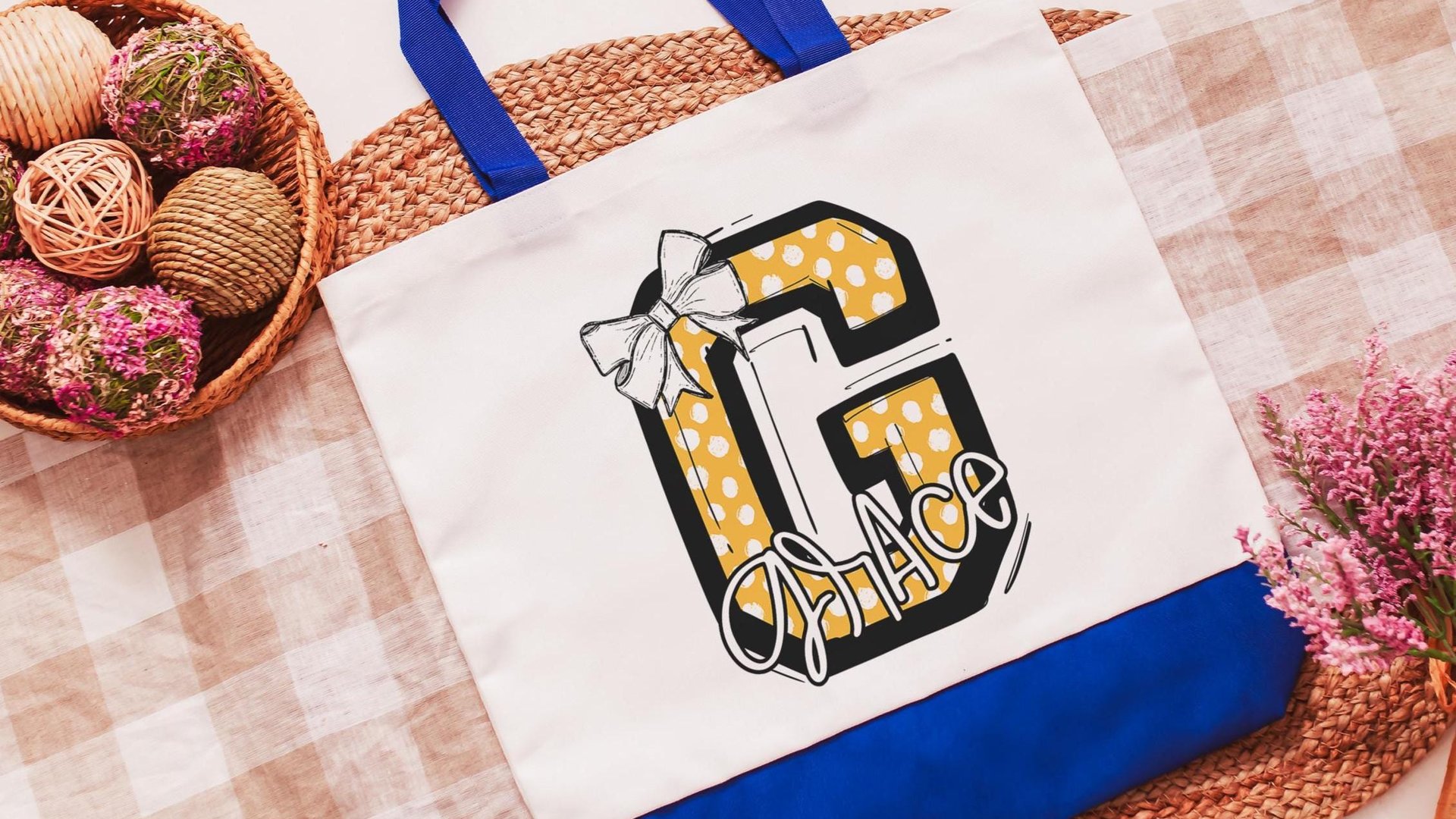 personalized gold coquette initial tote bag with name, school spirit gear, cheer tote bag for girls, college student gift, cheerleader gifts