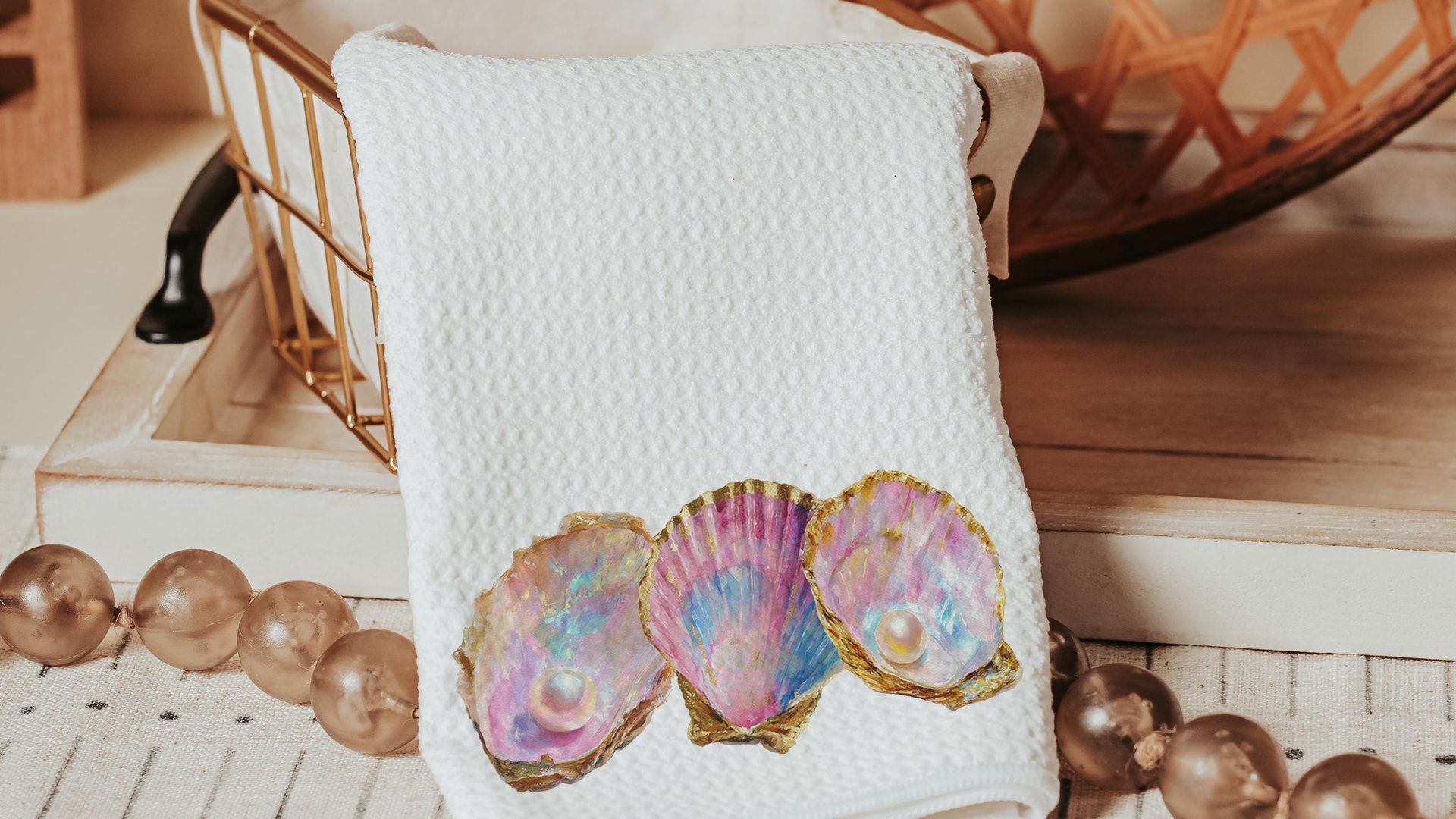 coastal kitchen towels for daughter, opalite pearl oyster hand towels for bathroom beach Christmas gifts for new homeowners, nautical decor