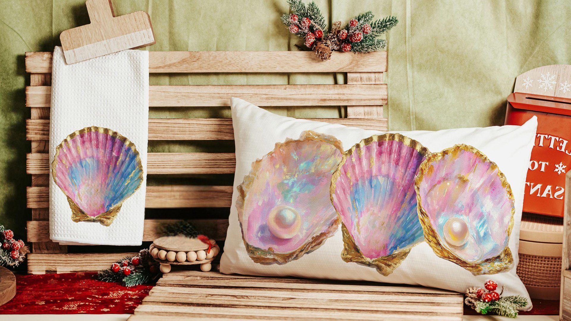 coastal kitchen towels for daughter, opalite pearl oyster hand towels for bathroom beach Christmas gifts for new homeowners, nautical decor