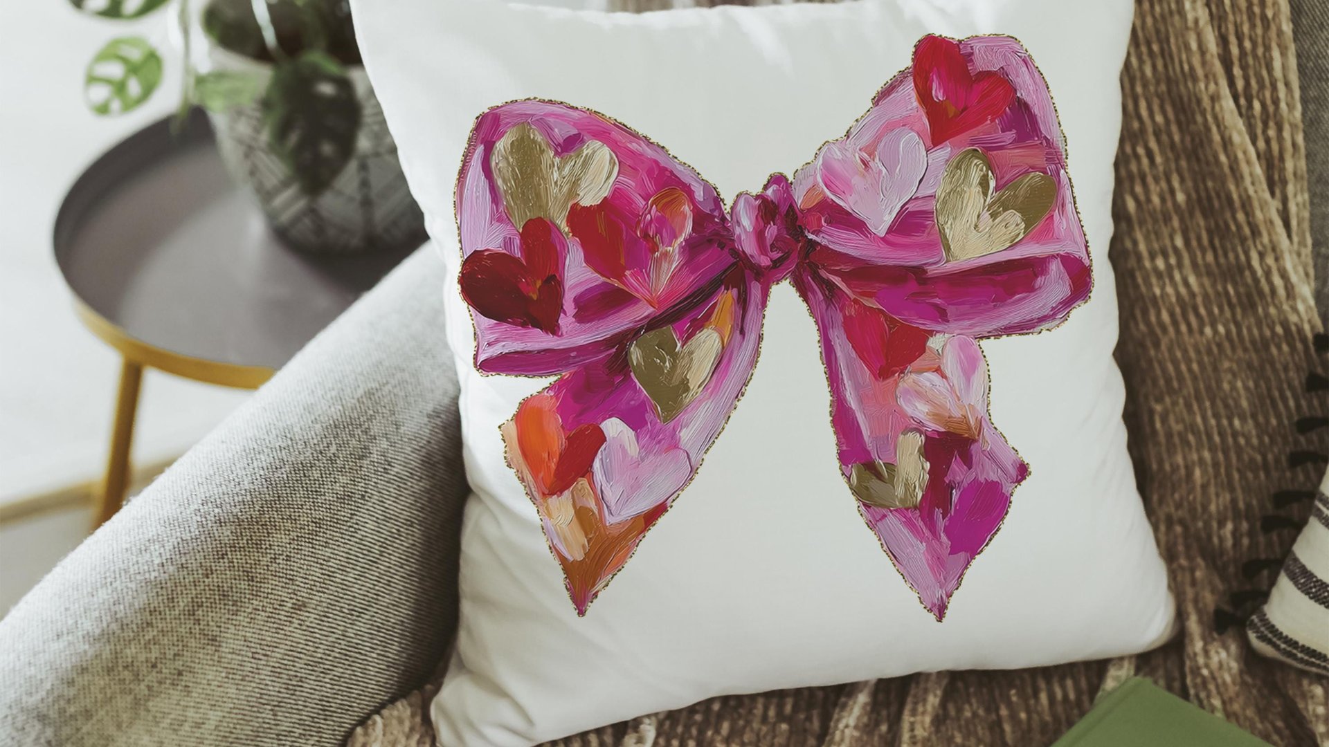 faux painted Valentines bow throw pillows for couch red heart Valentines coquette decorative pillows for girls room, Valentines day gifts