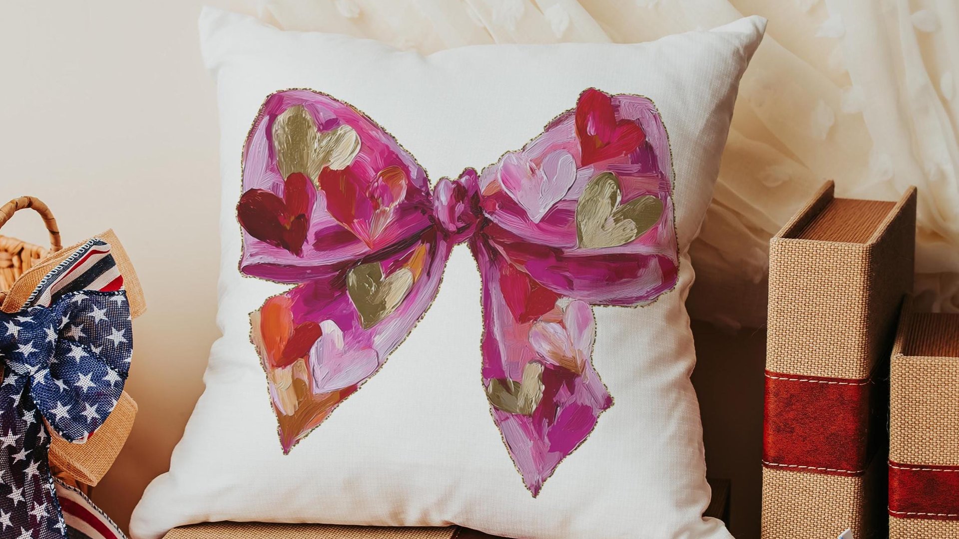 faux painted Valentines bow throw pillows for couch red heart Valentines coquette decorative pillows for girls room, Valentines day gifts
