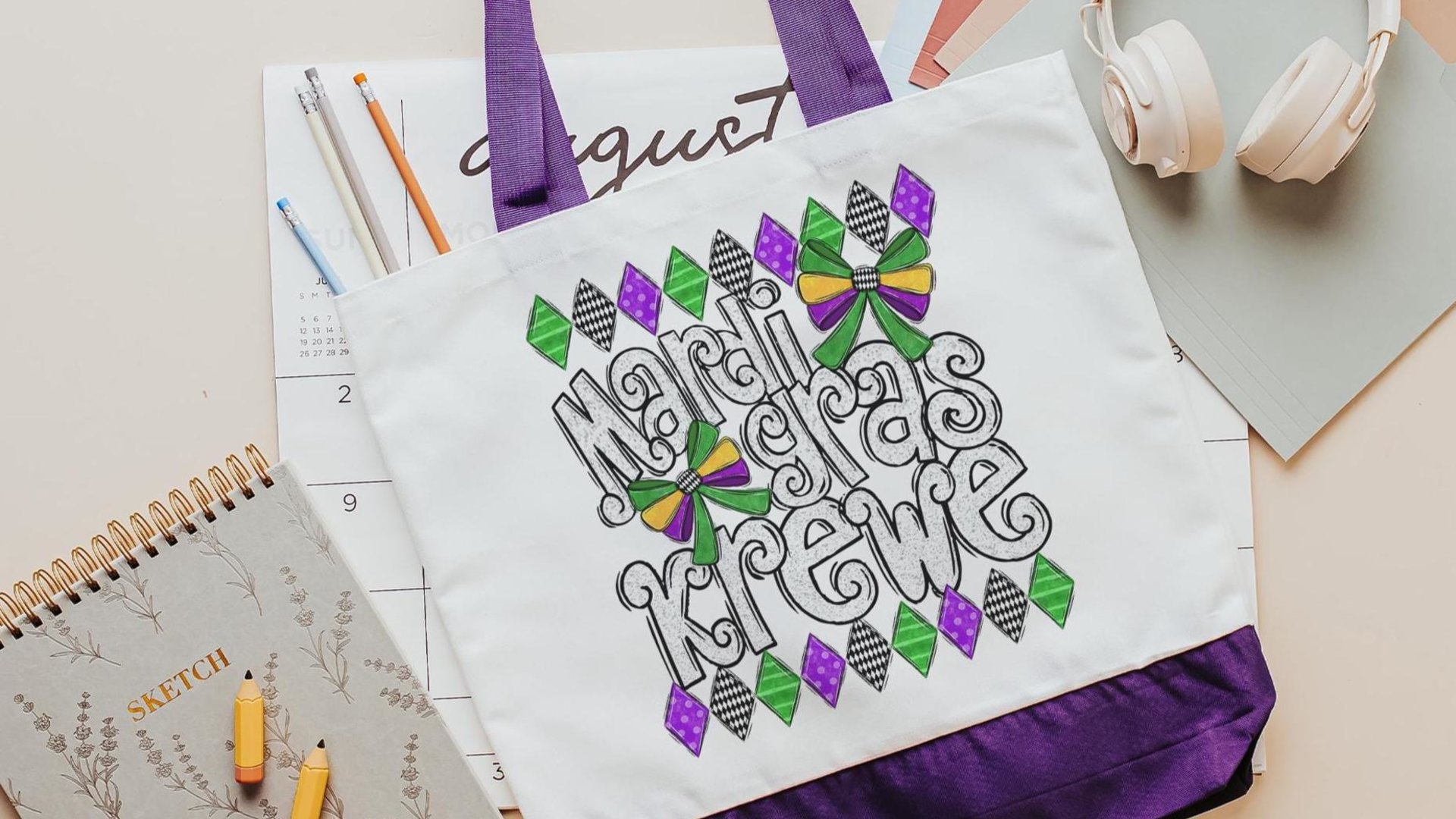 Mardi Gras krewe vibes tote bag for girls trip, Fat Tuesday party favors for guests, Louisiana gifts for women, reusable bag coworker gifts
