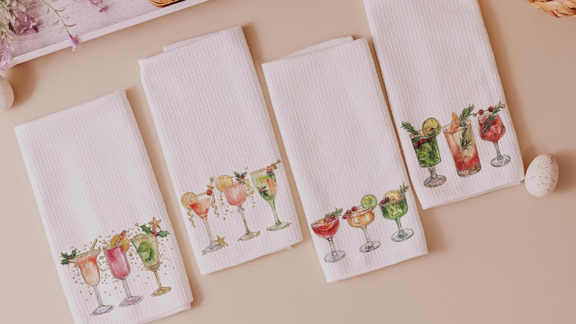 Christmas cocktail kitchen towels for Christmas bar accessories for home bar, holiday hosting decor home decor gift for couple, Xmas hand