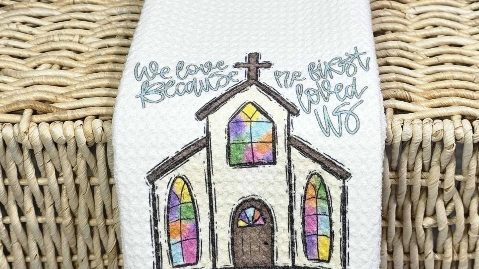 John 4 19 Christian kitchen towels wedding gifts for couple, faith gift for her, we love because he first loved us Bible verse hand towels