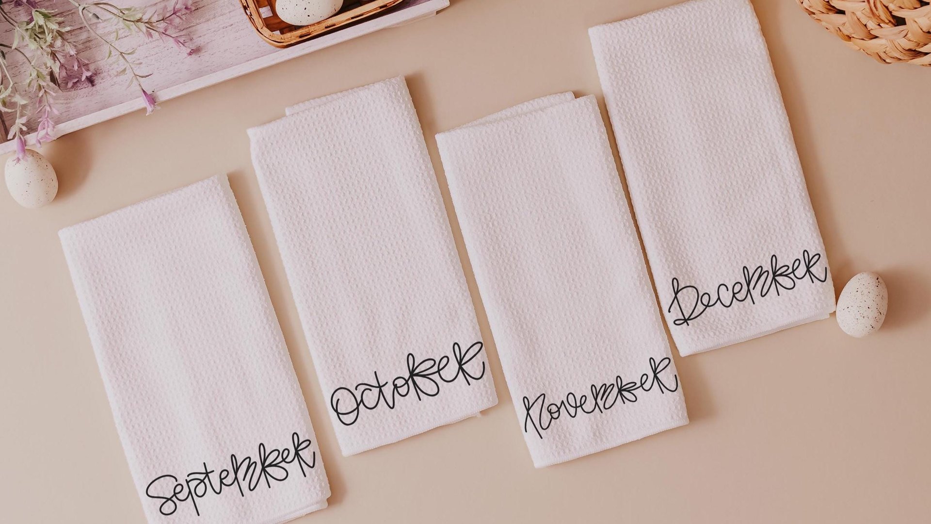 months of the year hand towels for every season SET OF 12, cute kitchen towels for spring gifts for new homeowners, minimalist tea towels