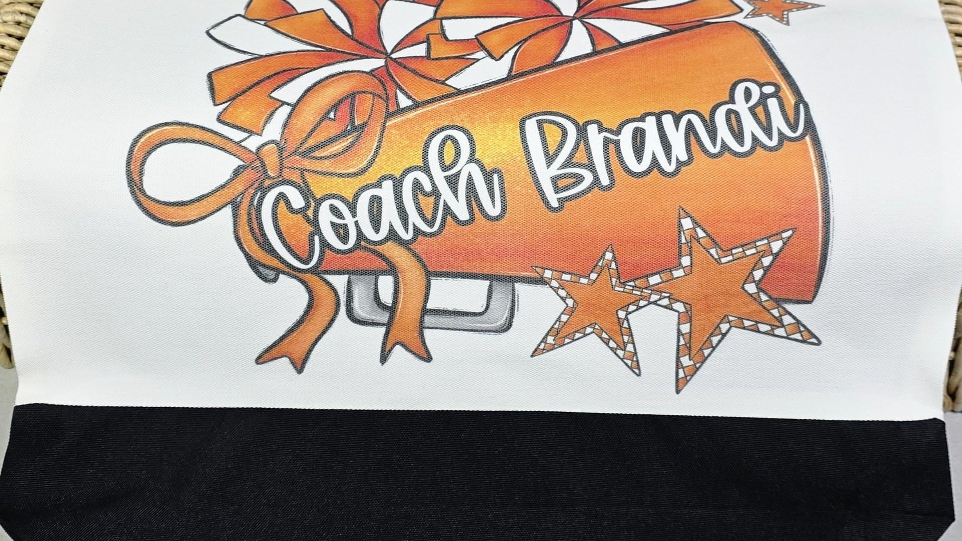 personalized cheerleader tote bag with name, orange school spirit cheer squad accessories, travel cheer bag for girls, cheerleader gifts