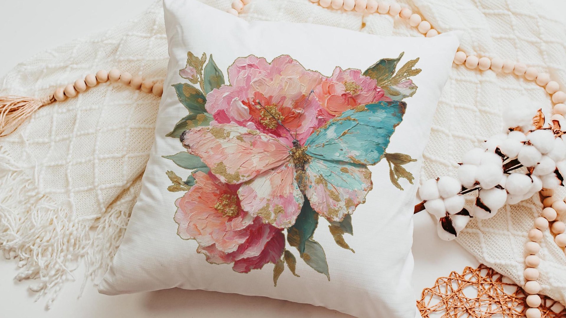 blush pink butterfly throw pillows for dorm, watercolor flower kitchen towels for sister, college apartment gift for best friend, muted teal