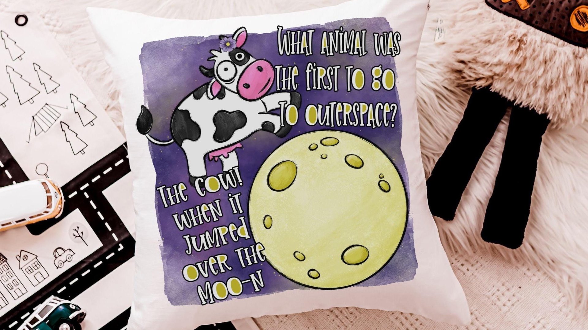 funny cow throw pillow for kids, nursery rhyme nursery decor, reading nook pillow, cute cow gifts for cow lovers, cow jumped over the moon