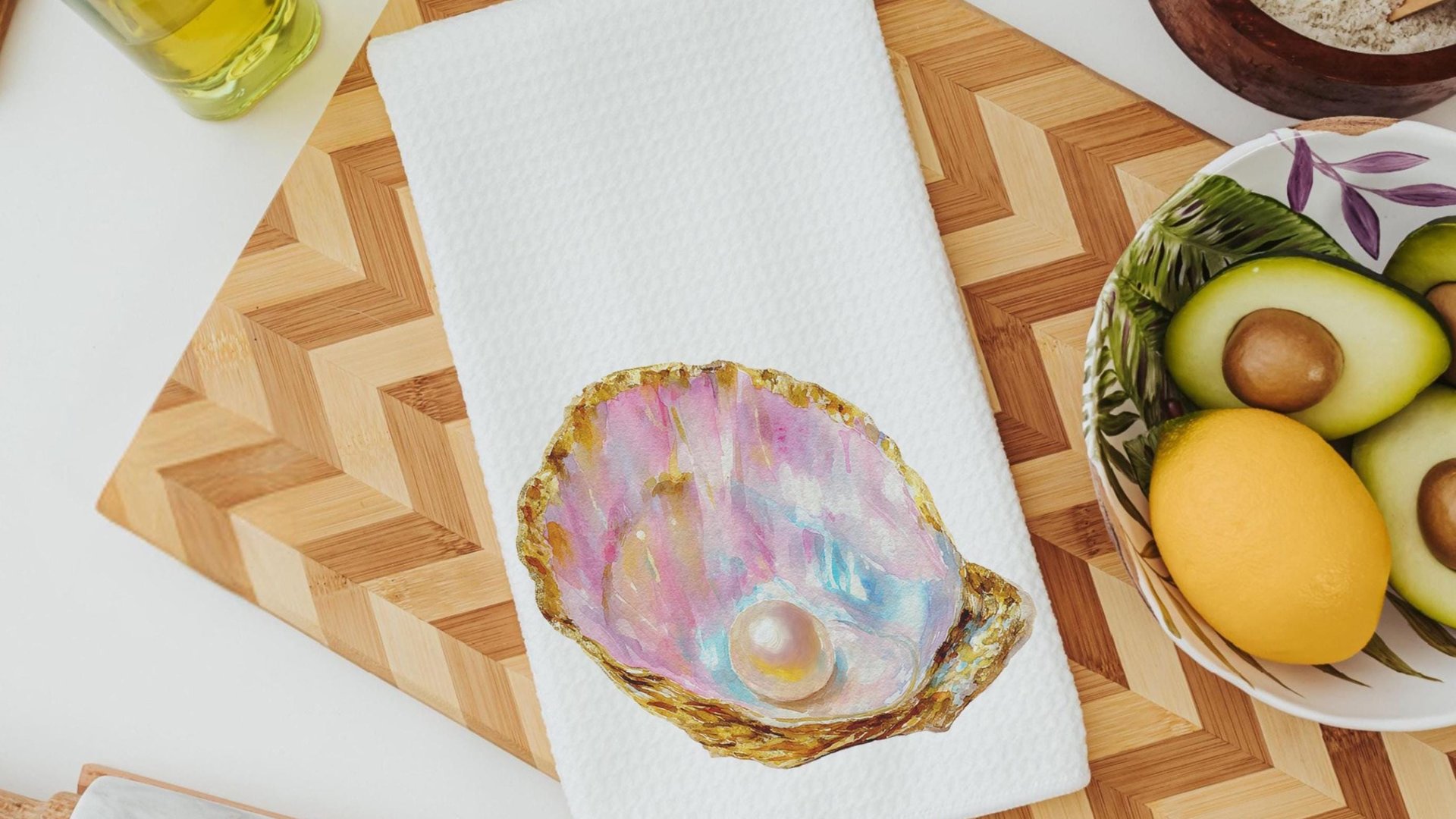 coastal kitchen towels for daughter, opalite pearl oyster hand towels for bathroom beach Christmas gifts for new homeowners, nautical decor