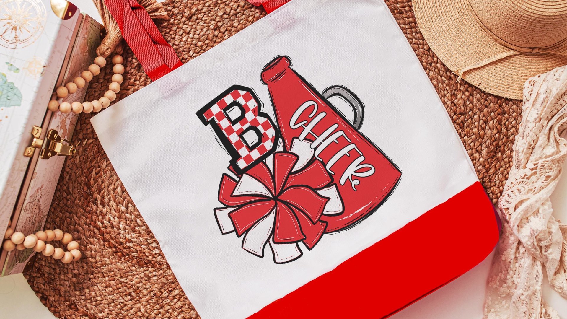 personalized red checkered initial tote bag for girls, cheer squad gifts, cheer travel bag for teens, cheerleader gift with school colors