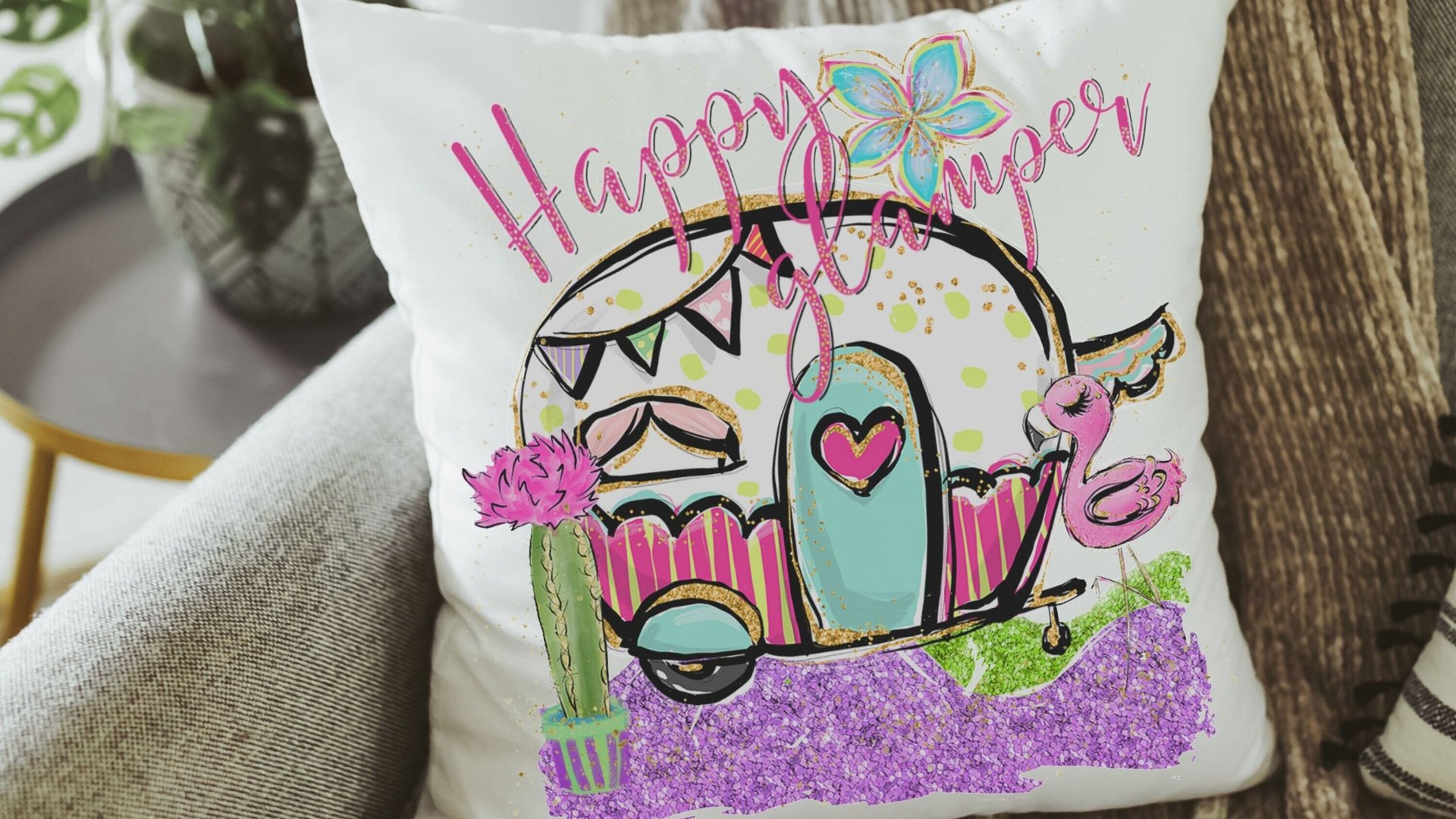 happy glamper pillows for camper, summer hand towel for bathroom, RV accessories for inside, van life gifts, indoor camper decor, best gifts