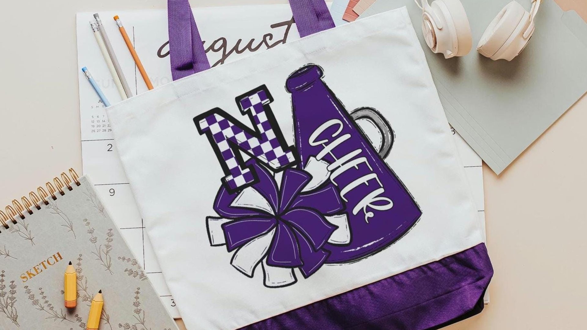 personalized royal purple cheerleader tote bag for teen girls, team colors cheer accessories for girls, cheer squad gifts, initial tote bag