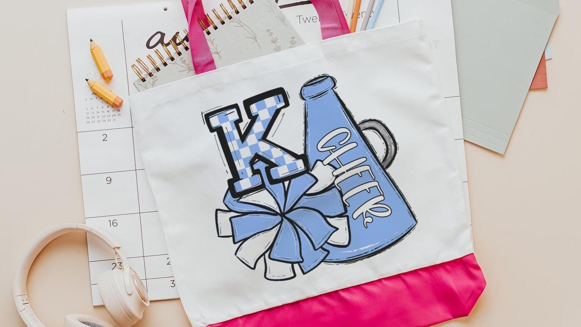 personalized Carolina blue cheer coach tote bags for women, cheer squad gifts, initial tote bag for teen girls, cheerleader gifts for girls