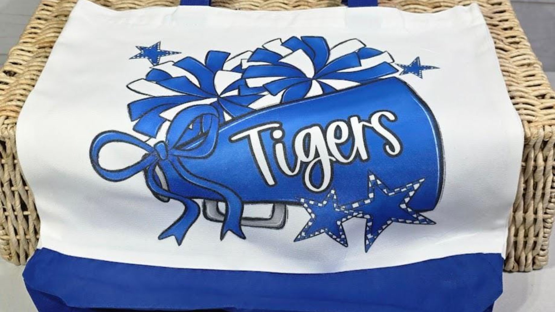 personalized 2026 cheer tote bag with name, blue school spirit cheer squad gifts, travel cheer bag for girls, cheerleader gifts from coach