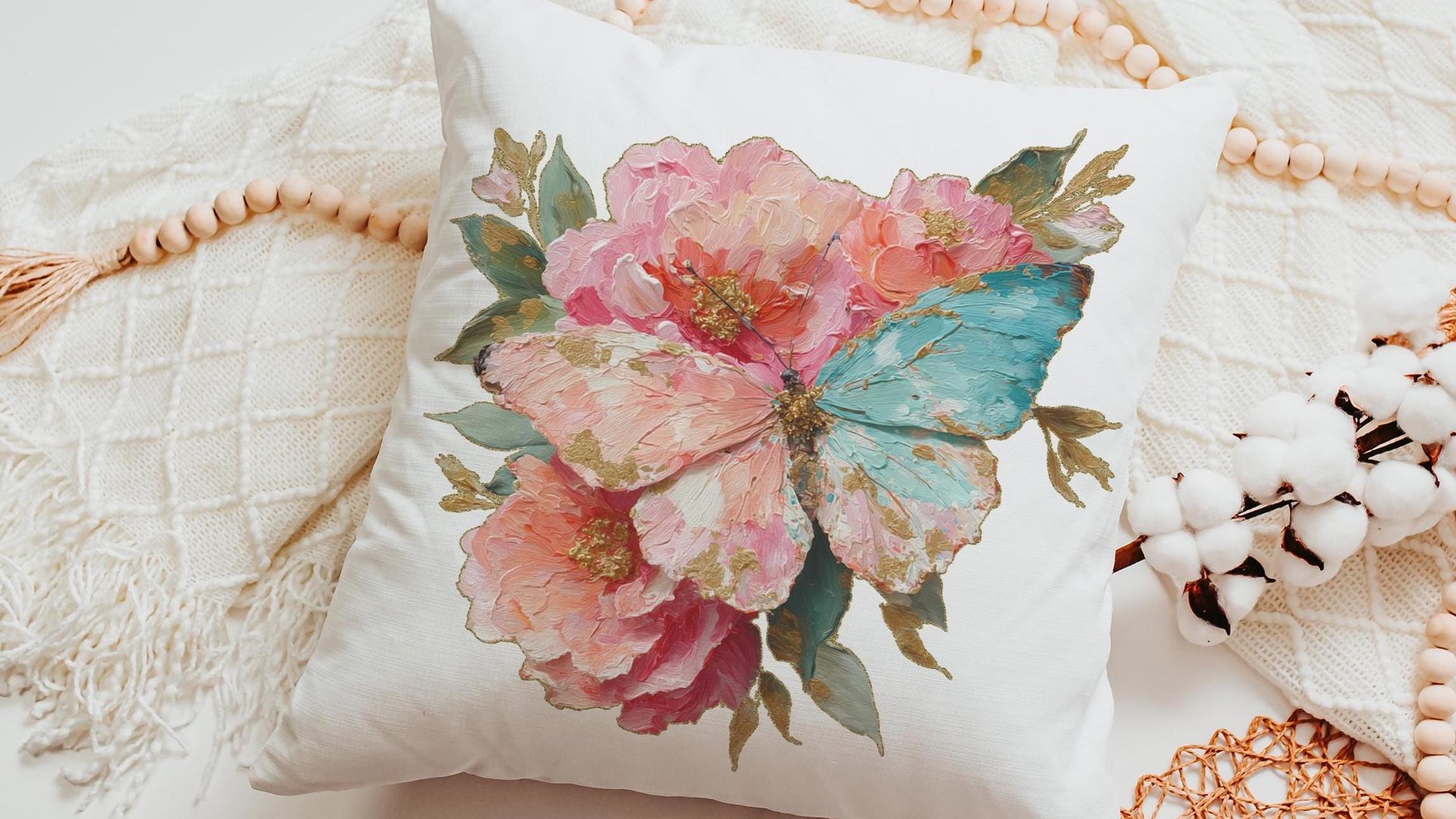 watercolor flower pink butterfly throw pillows for couch floral decorative pillows for girls, secret Santa gifts for her, muted teal decor