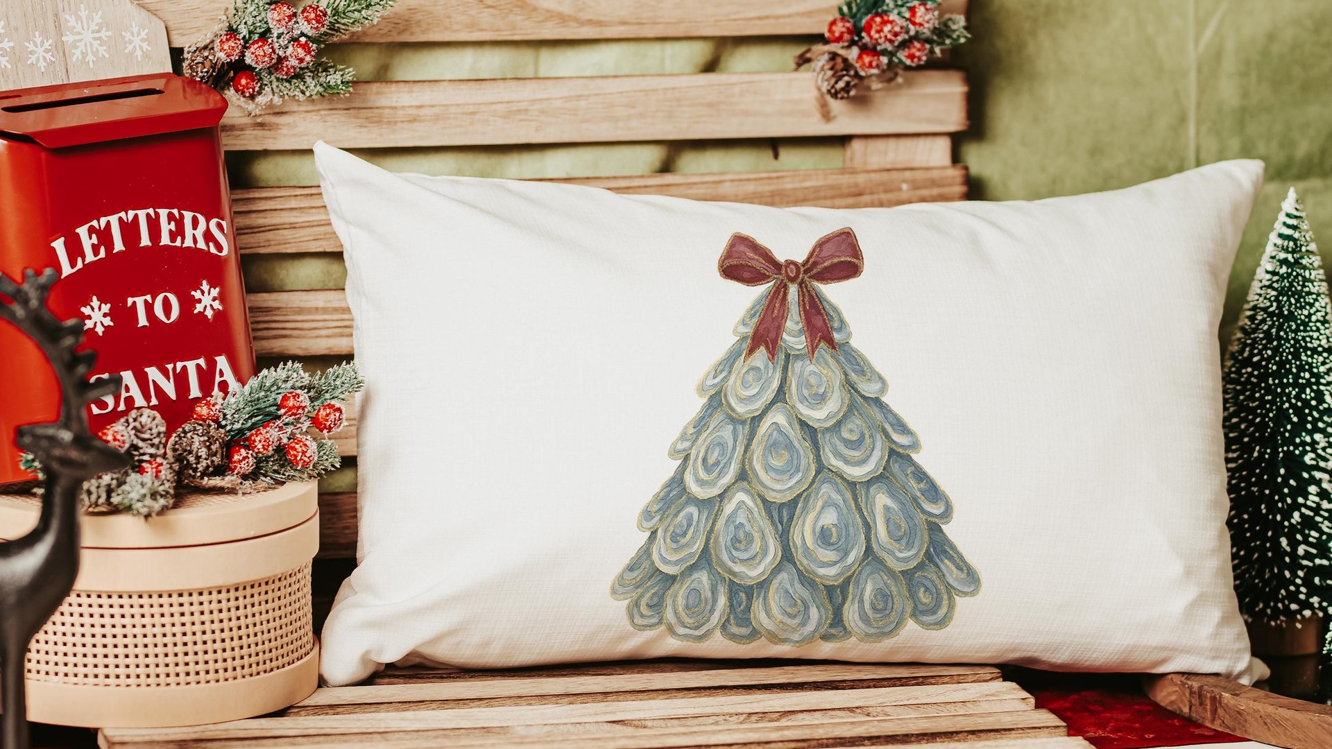oyster shell Christmas tree throw pillows for couch, coastal Christmas kitchen towels for winter, oyster Christmas gifts for neighbors, best