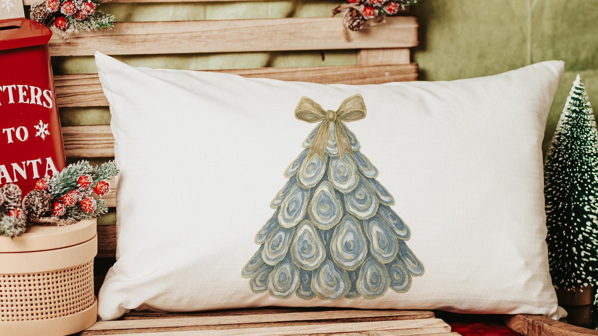 oyster shell Christmas tree throw pillows for couch, coastal Christmas kitchen towels for winter, oyster Christmas gifts for neighbors, best