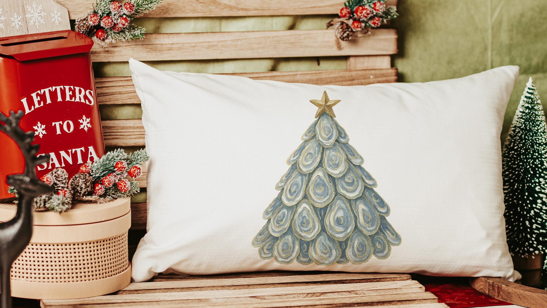 coastal Christmas tree throw pillows for guest room, beach Christmas gifts for neighbors, oyster shell decorative pillows for sofa, holiday