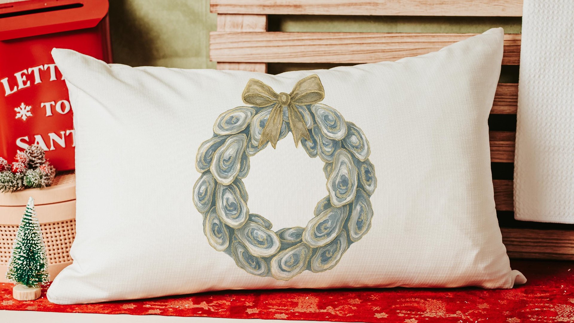 oyster shell Christmas wreath lumbar throw pillows for chairs winter designs, oyster Christmas decorative pillows for couch, beach Christmas