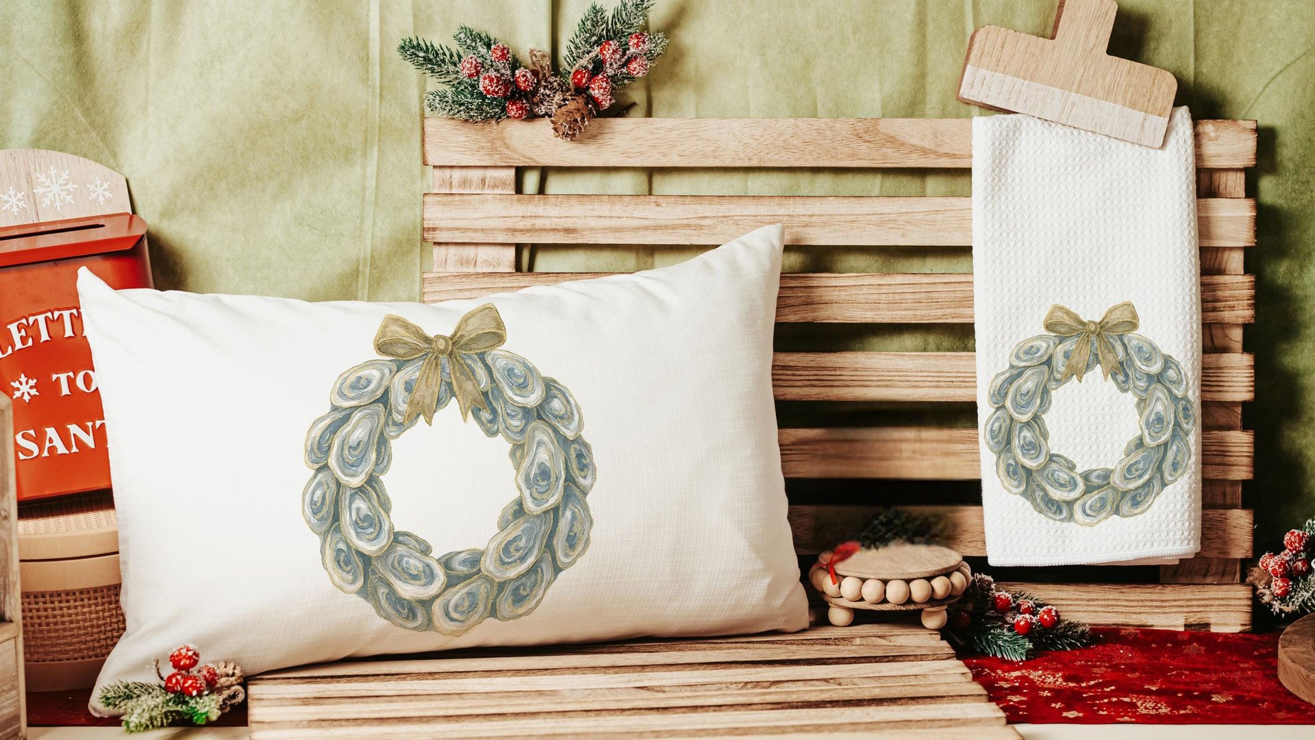 oyster shell Christmas wreath lumbar throw pillows for chairs winter designs, oyster Christmas decorative pillows for couch, beach Christmas